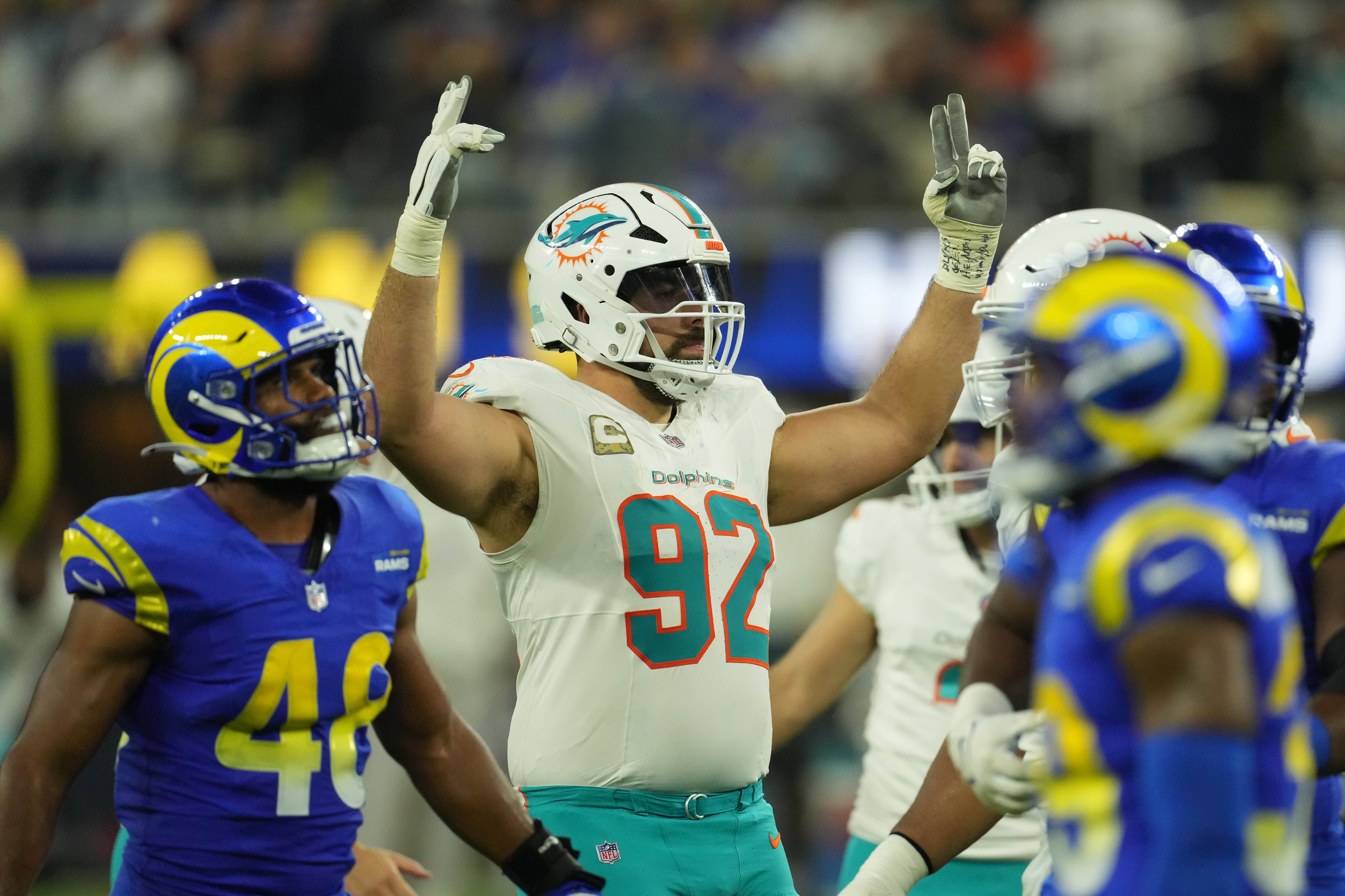 Nov 11, 2024; Inglewood, California, USA; Miami Dolphins defensive tackle Zach Sieler (92) celebrates in the second half against the Los Angeles Rams at SoFi Stadium.