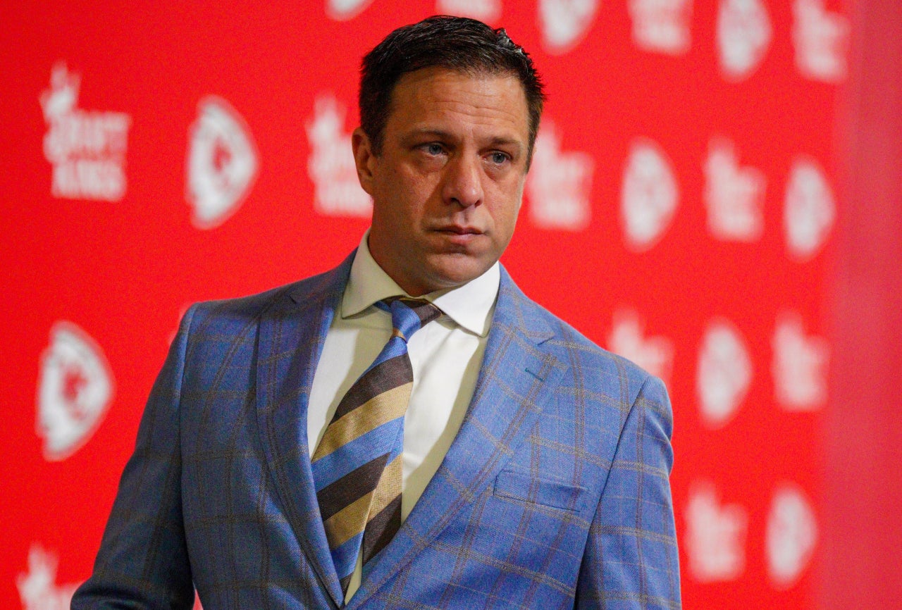 Nov 10, 2024; Kansas City, Missouri, USA; Kansas City Chiefs general manager Brett Veach arrives to the stadium prior to a game against the Denver Broncos at GEHA Field at Arrowhead Stadium.