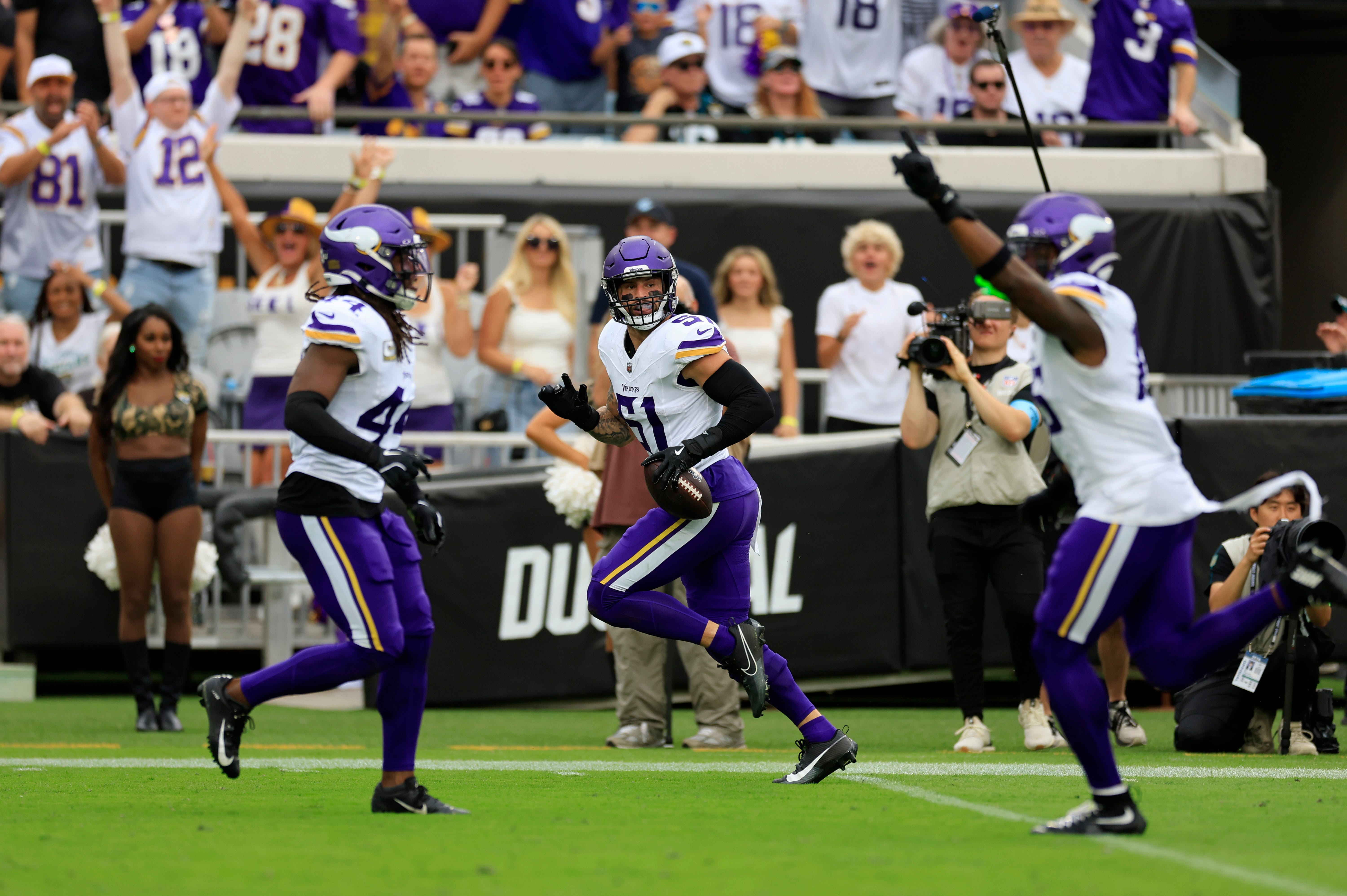 Minnesota Vikings linebacker Blake Cashman (51) runs into the endzone on a play called back during the second quarter of an NFL football matchup Sunday, Nov. 10, 2024 at Everbank Stadium in Jacksonville, Fla. The Vikings defeated the Jaguars 12-7.