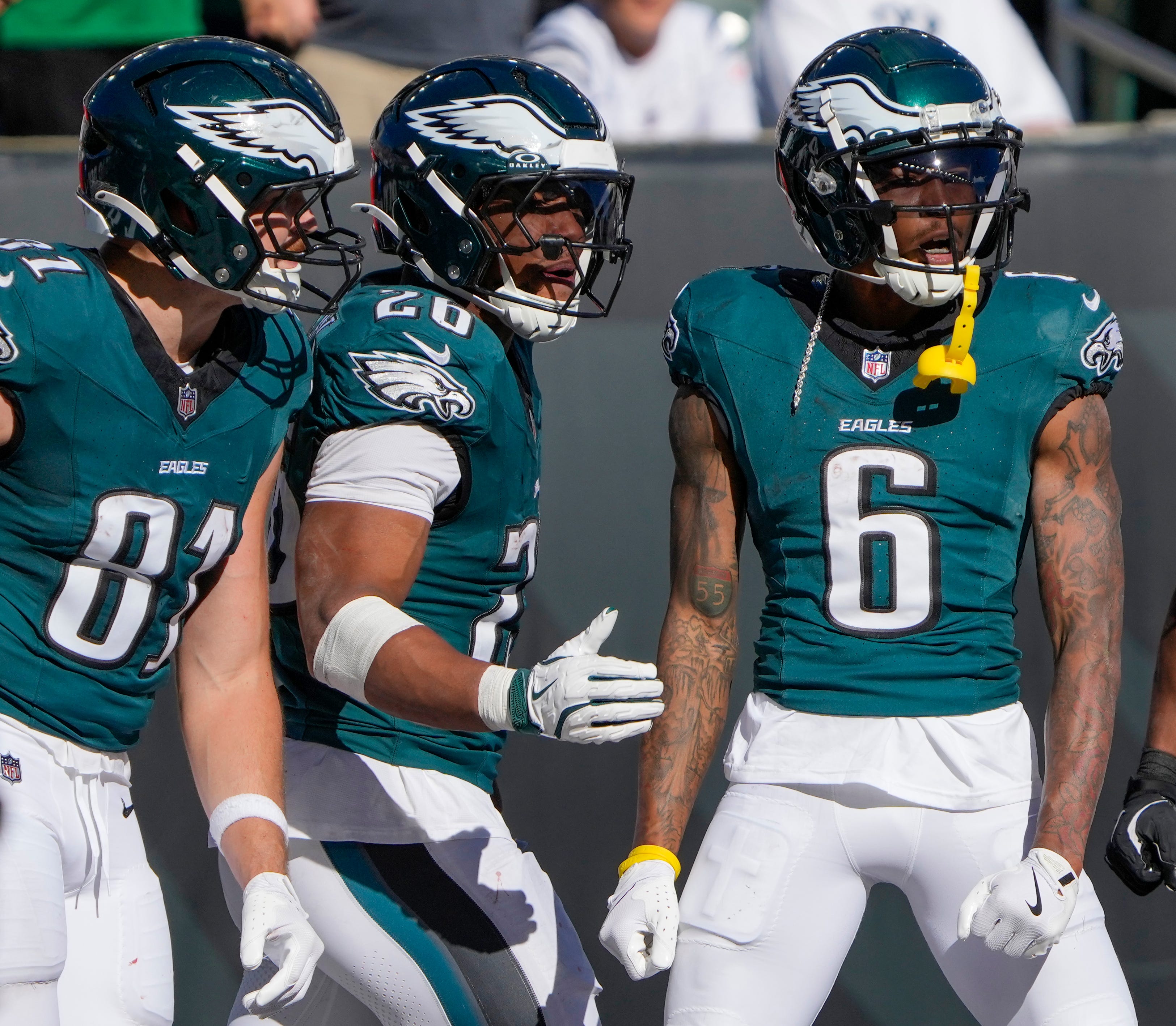 Philadelphia Eagles tight end Grant Calcaterra (81), running back Saquon Barkley (26) and wide receiver DeVonta Smith (6) celebrate Smiths touchdown in the 3rd quarter of Cincinnati Bengals at Paycor.