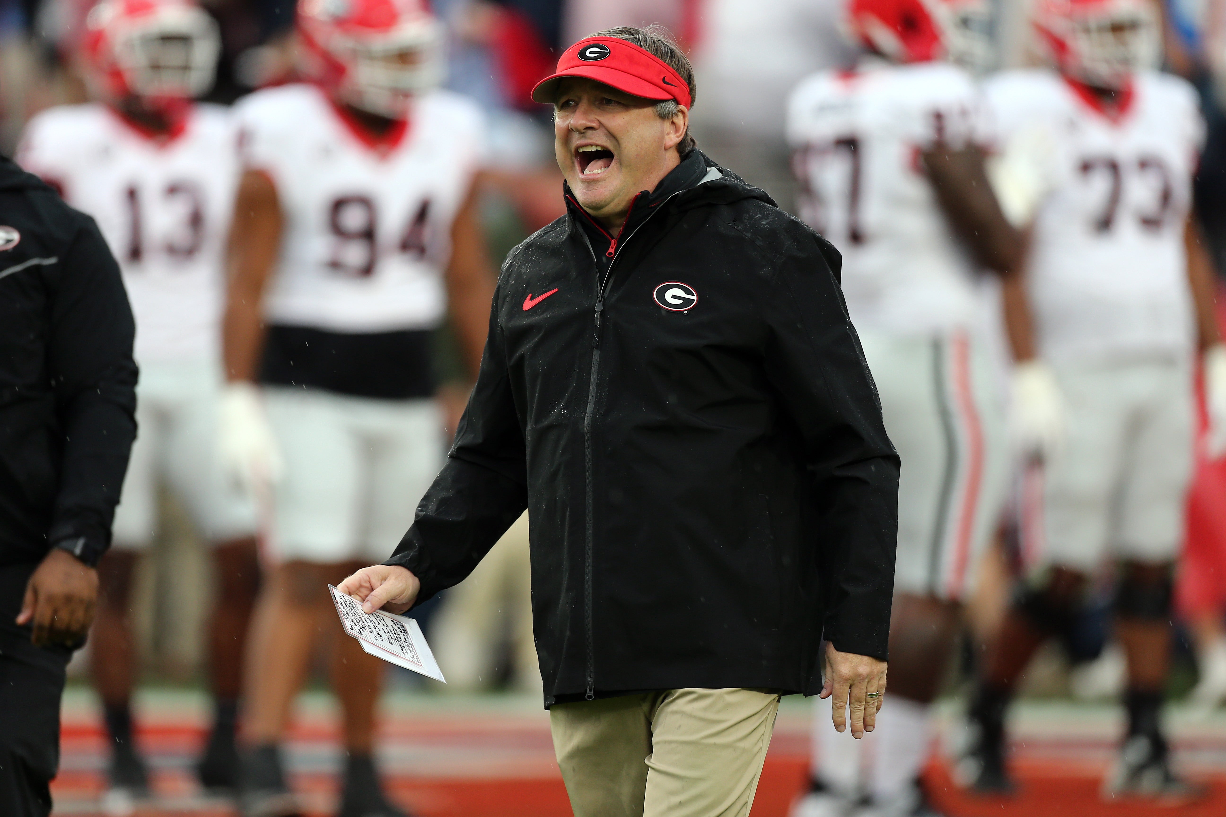 Georgia Bulldogs head coach Kirby Smart reacts during warm ups prior to the game against the Mississippi Rebels at Vaught-Hemingway Stadium.