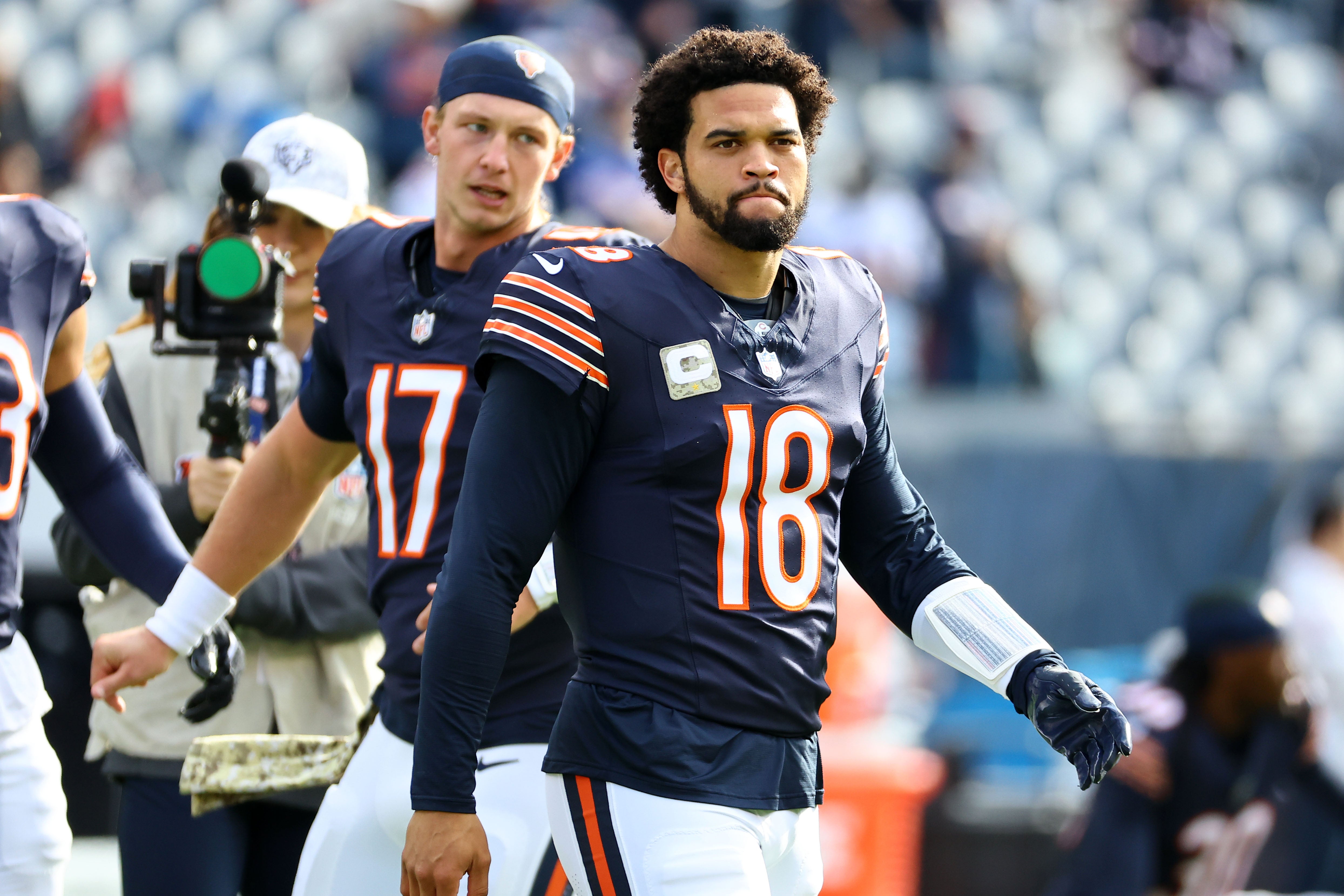 Nov 10, 2024; Chicago, Illinois, USA; Chicago Bears quarterback Caleb Williams (18) practices before the game against the New England Patriots at Soldier Field.