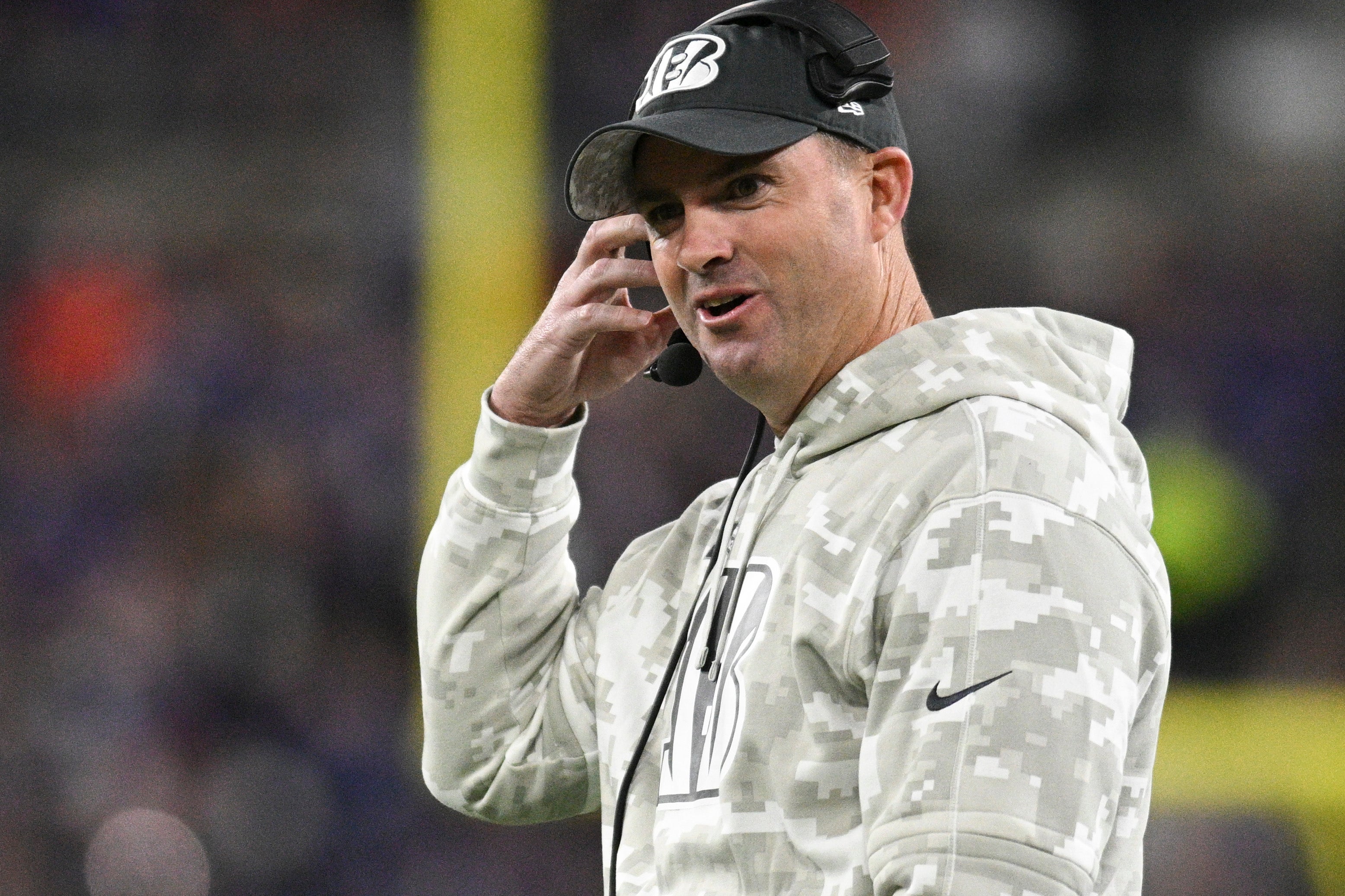 Nov 7, 2024; Baltimore, Maryland, USA; Cincinnati Bengals head coach Zac Taylor reacts during the first quarter against the Baltimore Ravens at M&T Bank Stadium.