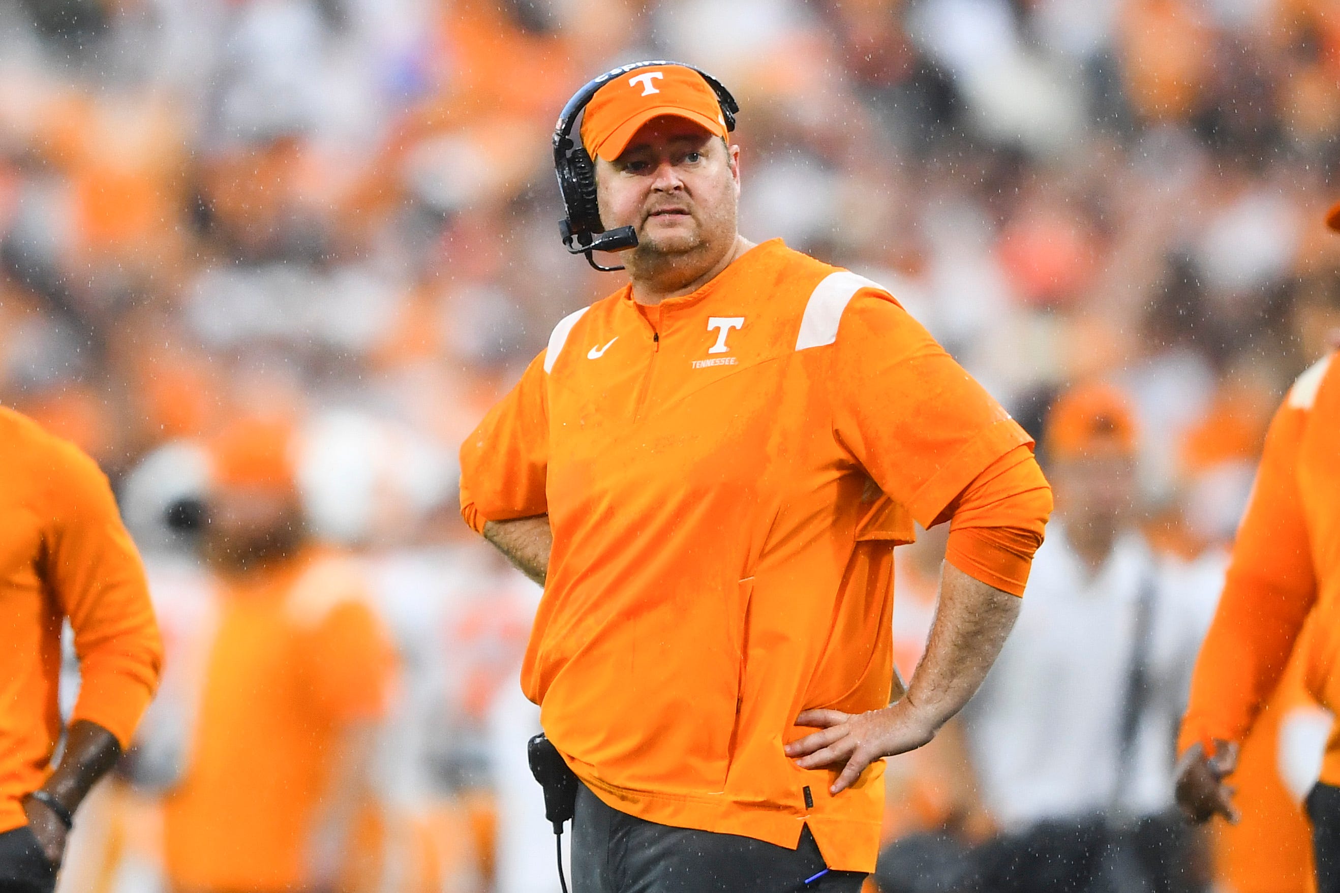 Tennessee head football coach Josh Heupel reacts in the rain on the sidelines during Tennessee's game against Georgia at Sanford Stadium in Athens, Ga., on Saturday, Nov. 5, 2022.