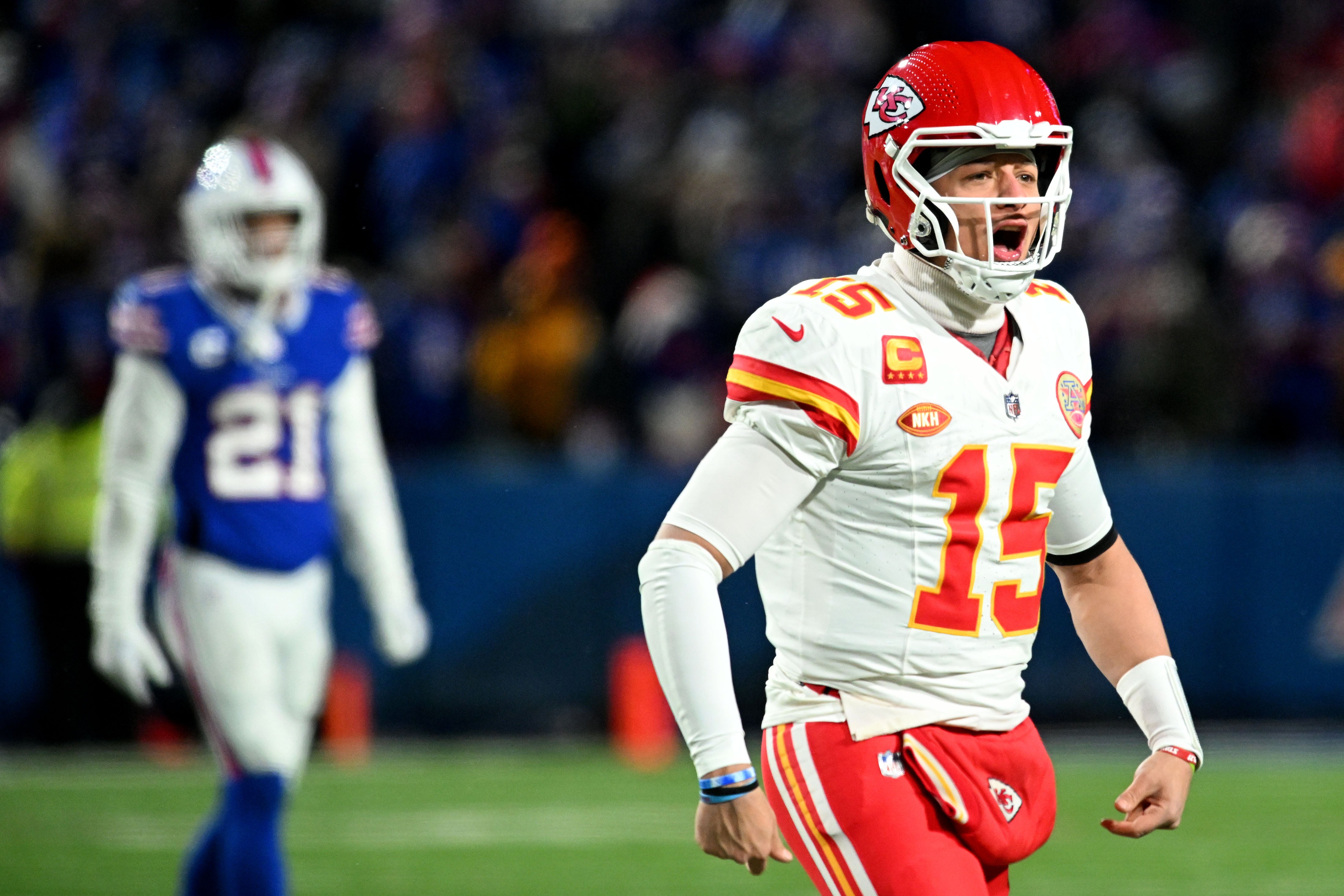 Jan 21, 2024; Orchard Park, New York, USA; Kansas City Chiefs quarterback Patrick Mahomes (15) reacts against the Buffalo Bills in the second half of the 2024 AFC divisional round game at Highmark Stadium.