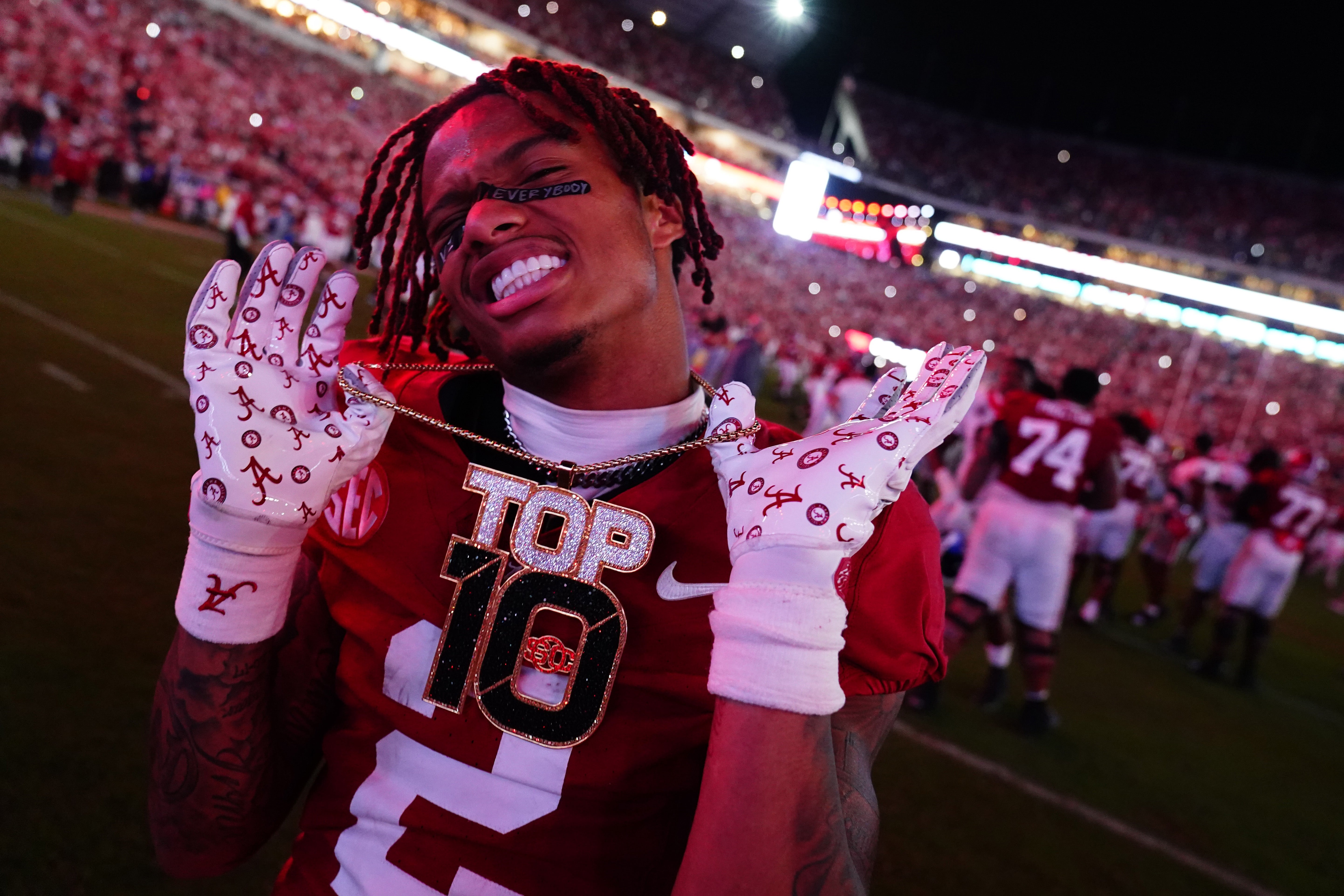 Sep 28, 2024; Tuscaloosa, Alabama, USA; Alabama Crimson Tide wide receiver Ryan Williams (2) celebrates after defeating the Georgia Bulldogs at Bryant-Denny Stadium.