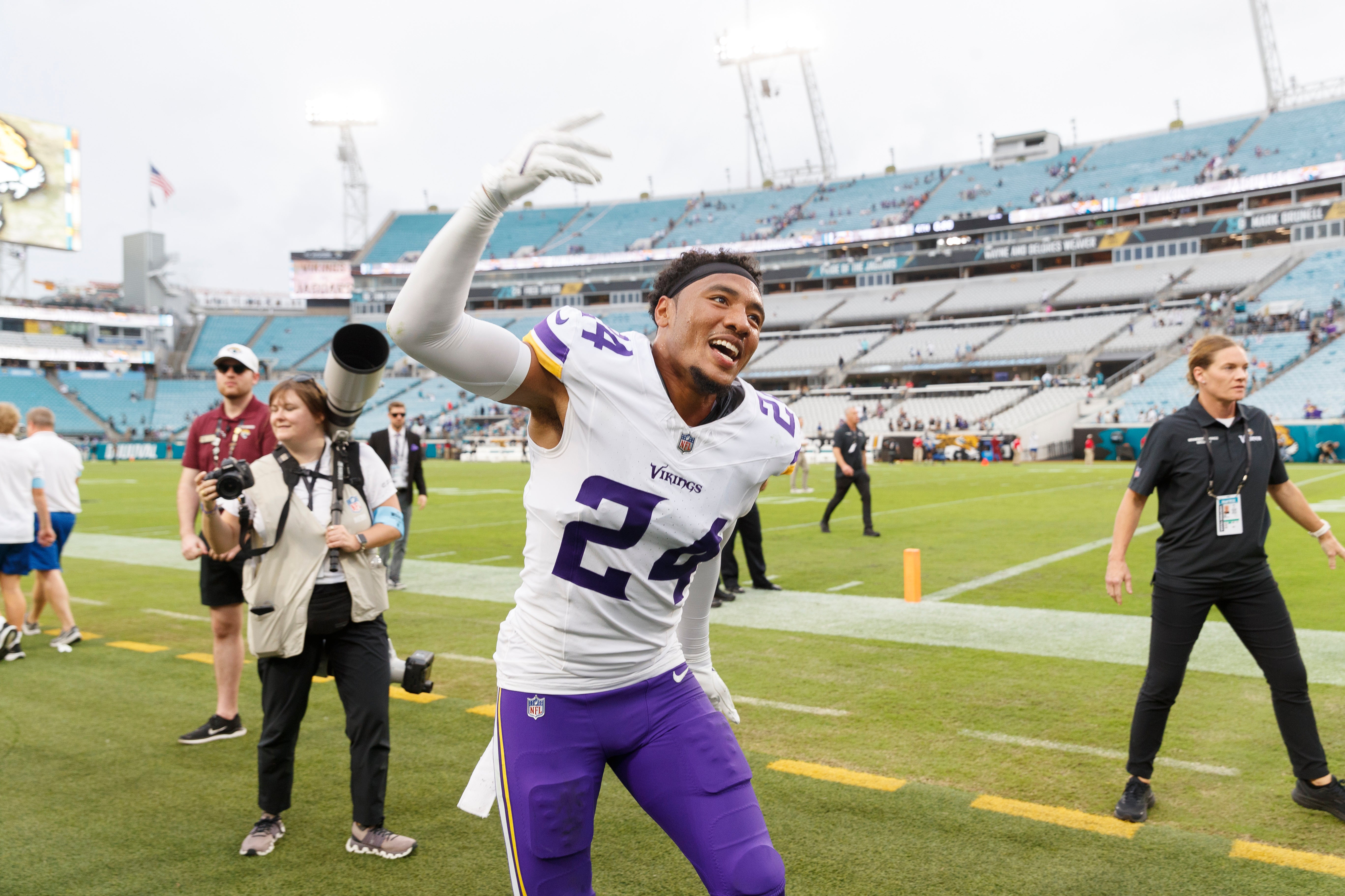 Nov 10, 2024; Jacksonville, Florida, USA; Minnesota Vikings safety Camryn Bynum (24) celebrates the win over the Jacksonville Jaguars at EverBank Stadium.