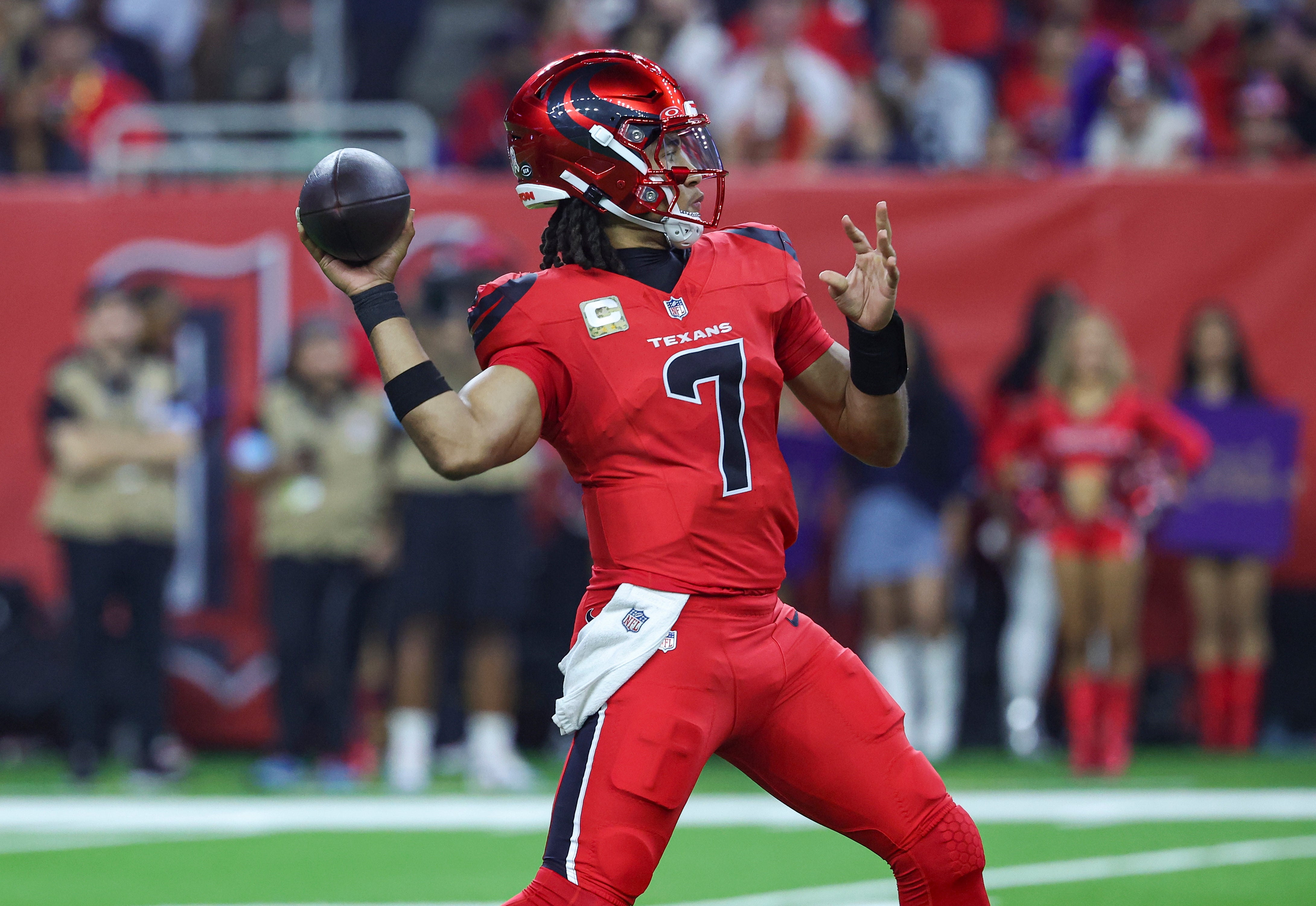 Nov 10, 2024; Houston, Texas, USA; Houston Texans quarterback C.J. Stroud (7) attempts a pass during the second quarter against the Detroit Lions at NRG Stadium.