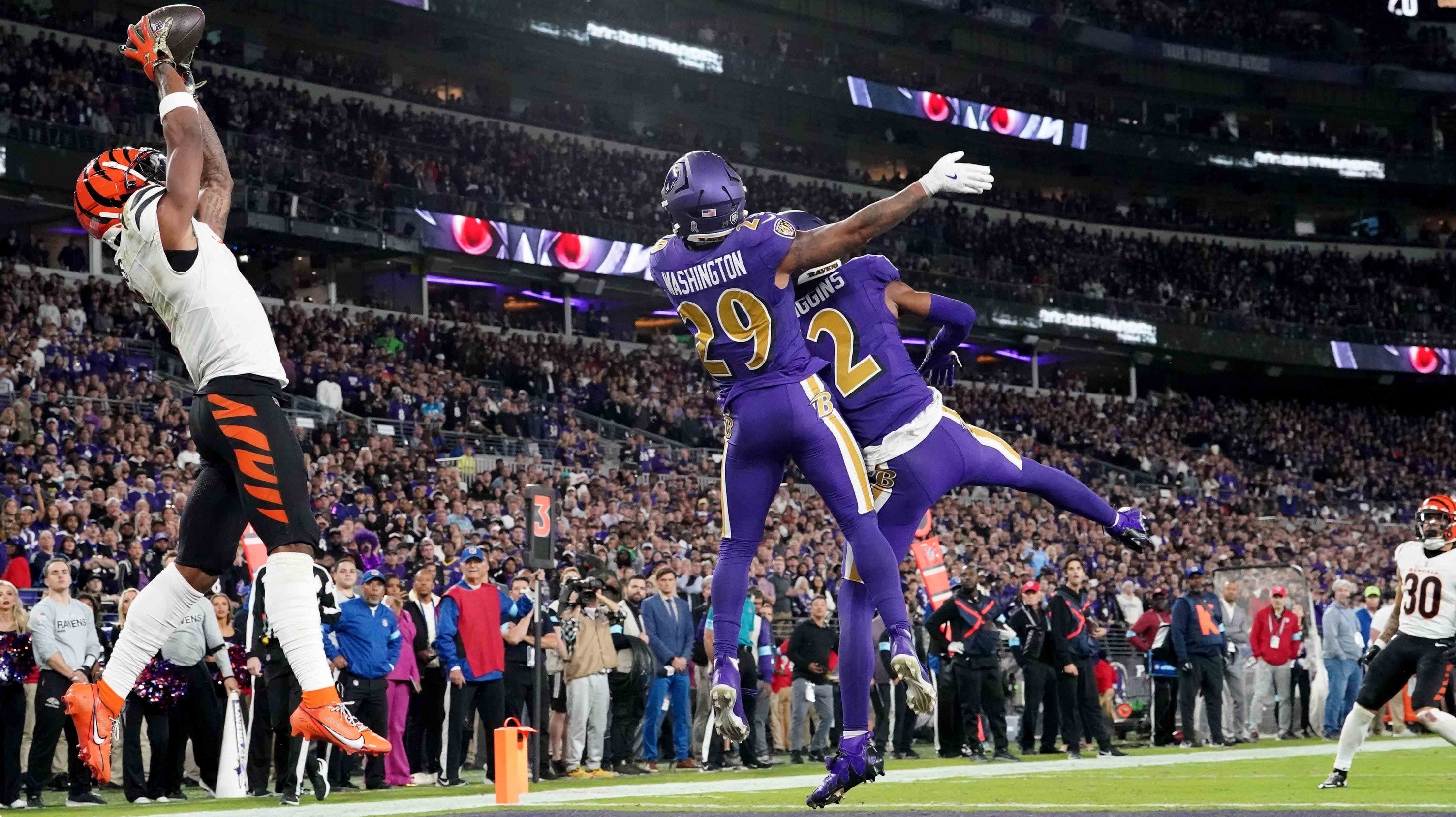 Nov 7, 2024; Baltimore, Maryland, USA; Cincinnati Bengals wide receiver Ja’Marr Chase (1) makes a fourth quarter touchdown catch against the Baltimore Ravens at M&T Bank Stadium.