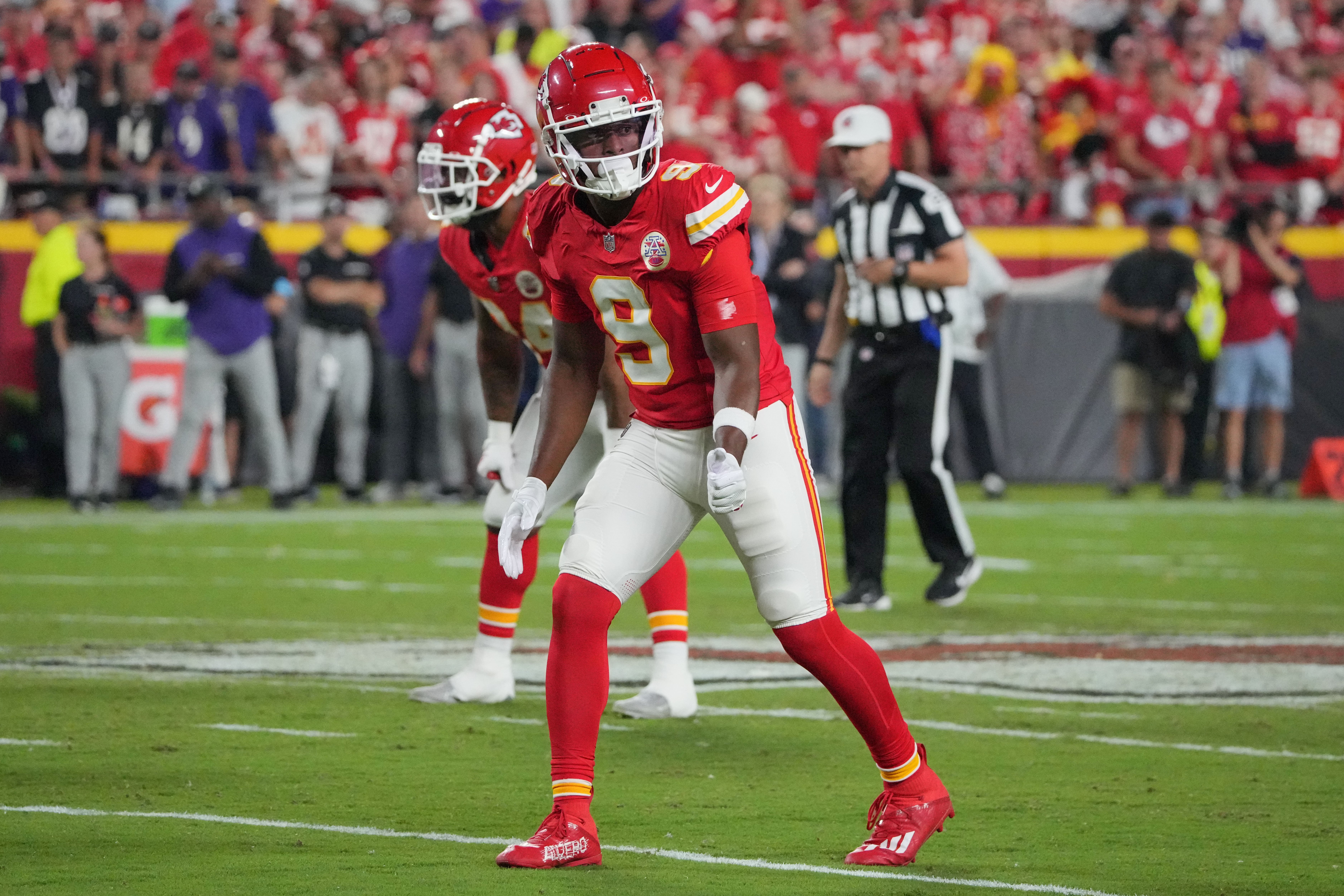 Sep 5, 2024; Kansas City, Missouri, USA; Kansas City Chiefs wide receiver JuJu Smith-Schuster (9) at the line of scrimmage against the Baltimore Ravens during the game at GEHA Field at Arrowhead Stadium.