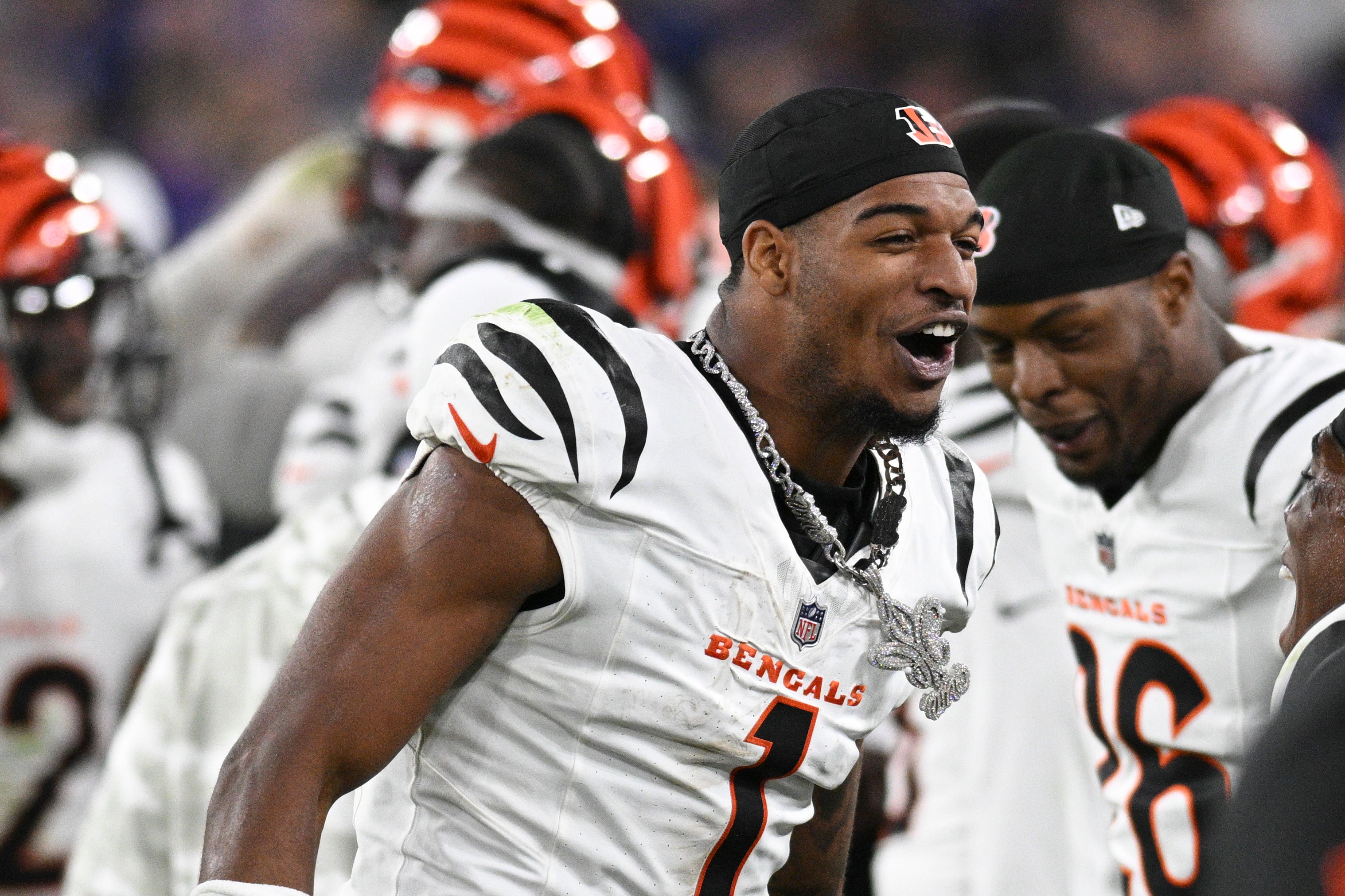 Nov 7, 2024; Baltimore, Maryland, USA;Cincinnati Bengals wide receiver Ja'Marr Chase (1) walks with a chain around his neck on the sidelines after scoring a touchdown during the second half against the Baltimore Ravens at M&T Bank Stadium.