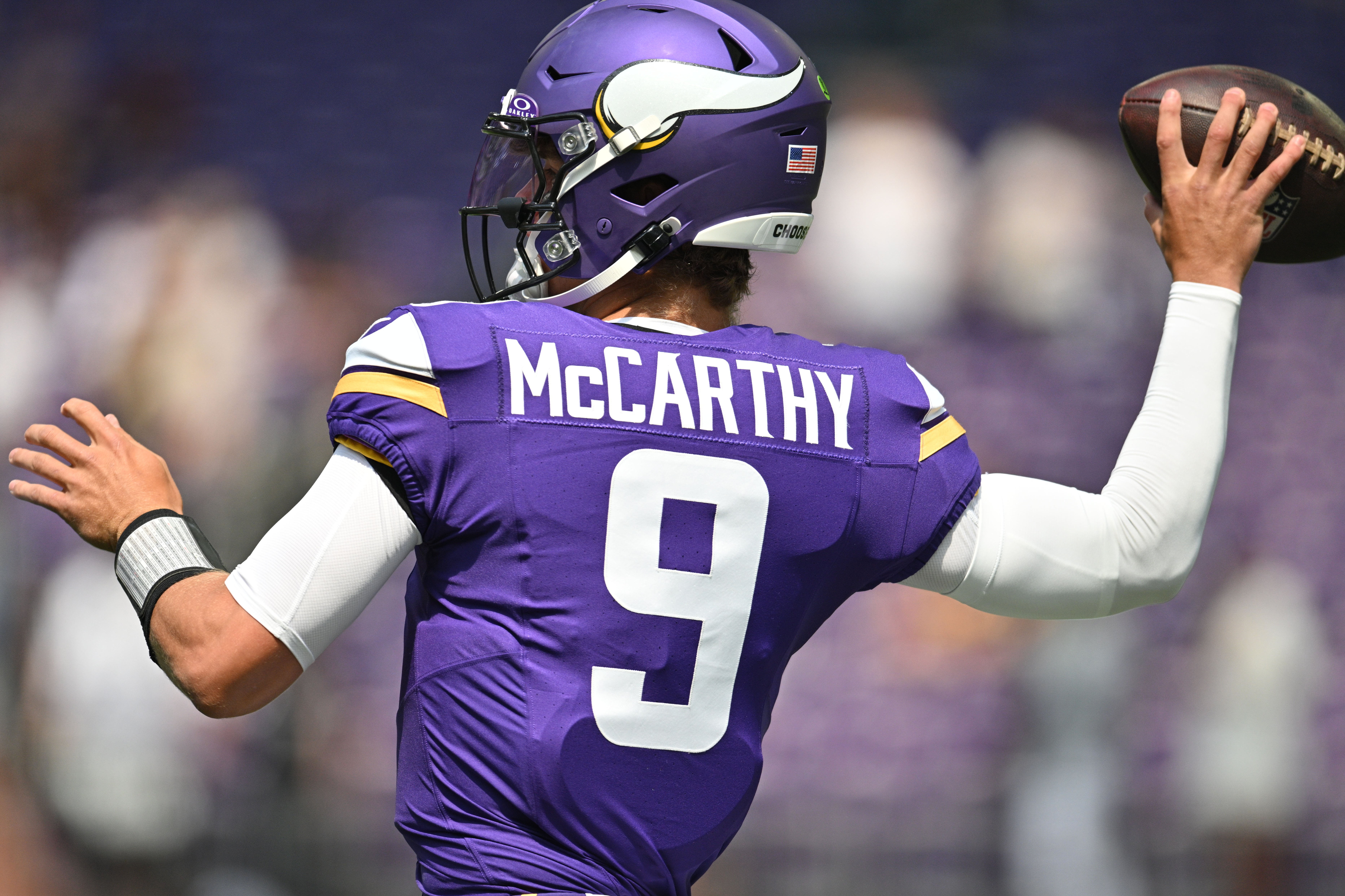 Aug 10, 2024; Minneapolis, Minnesota, USA; Minnesota Vikings quarterback J.J. McCarthy (9) warms up before the game against the Las Vegas Raiders at U.S. Bank Stadium.
