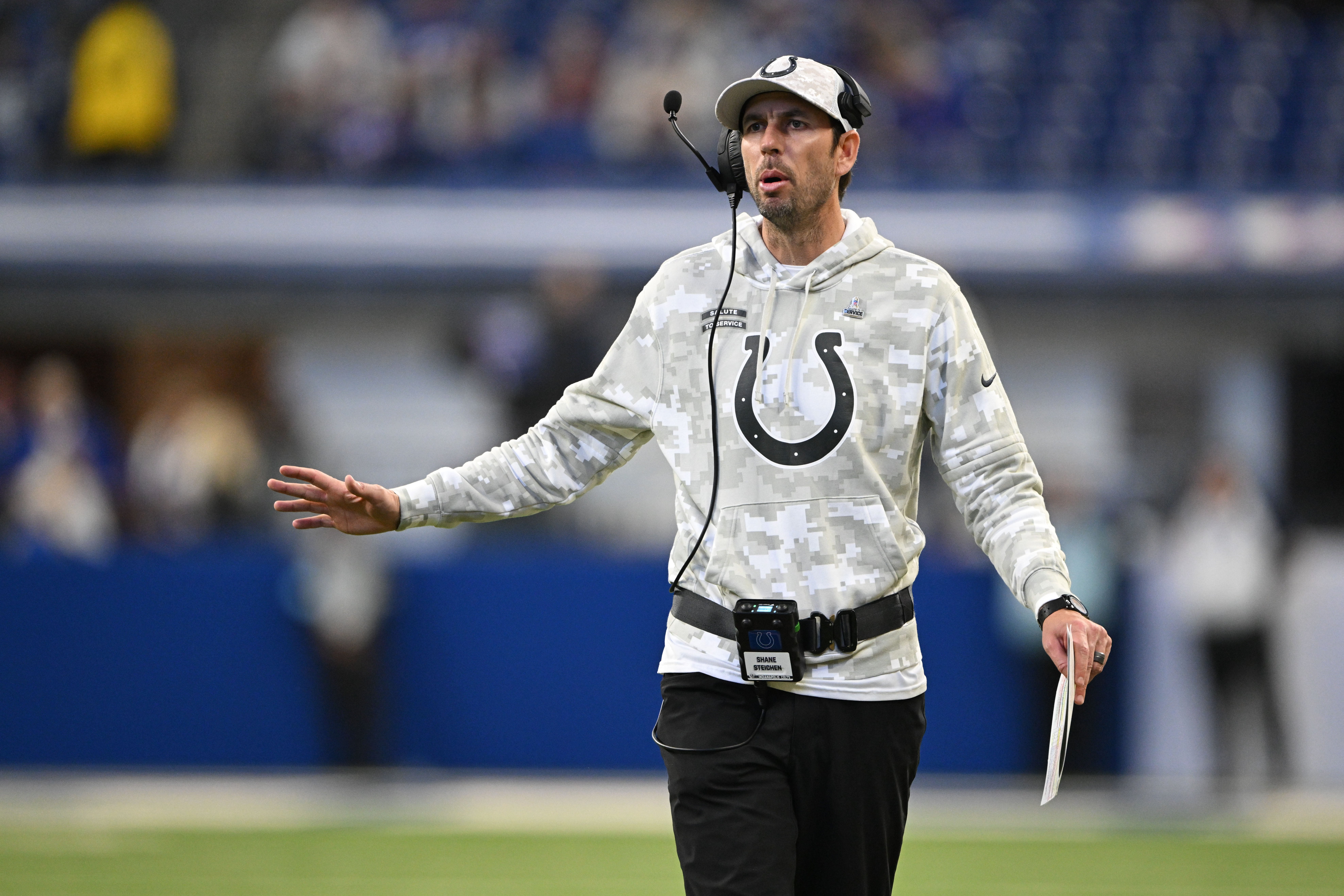 Nov 10, 2024; Indianapolis, Indiana, USA; Indianapolis Colts Indianapolis Colts head coach Shane Steichen walks on the field during the second half against the Buffalo Bills at Lucas Oil Stadium.