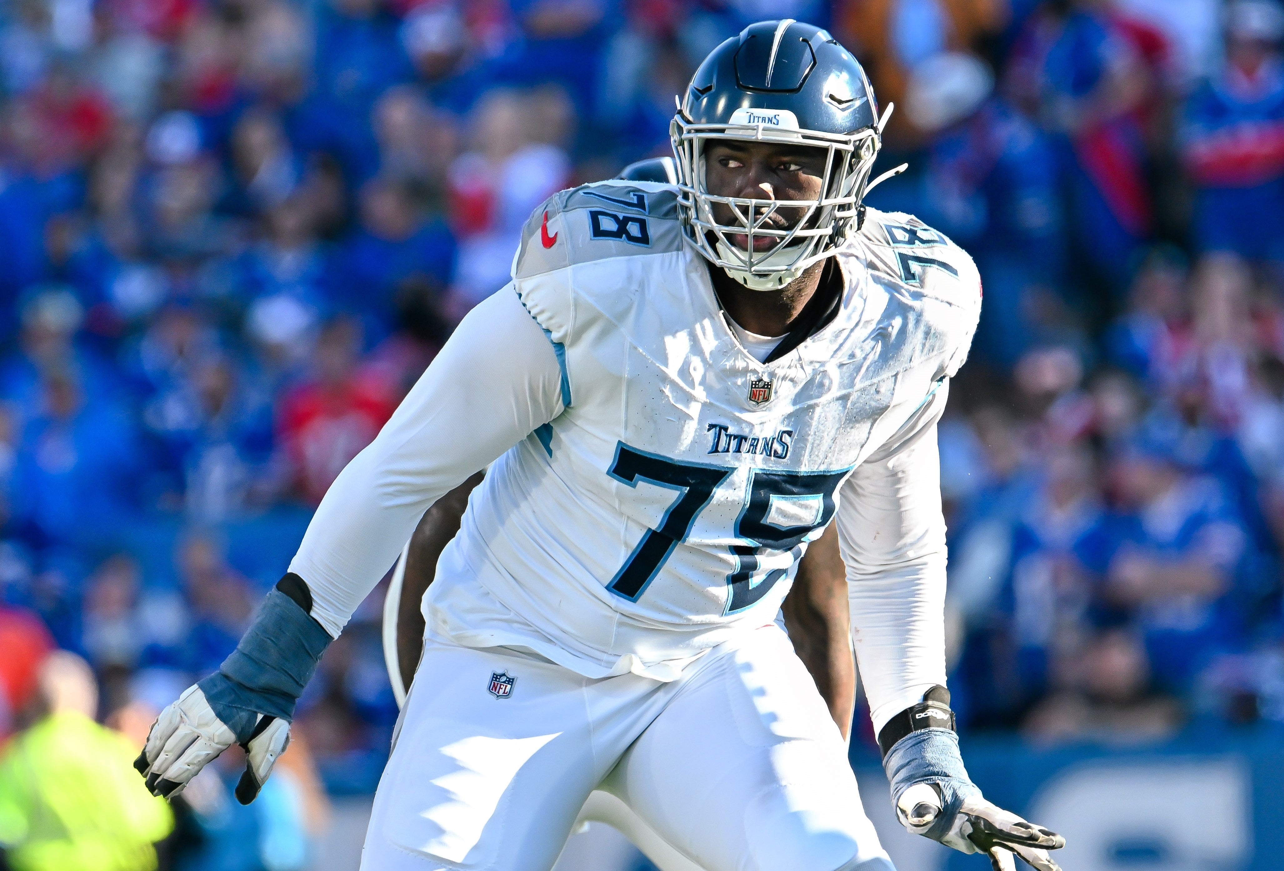 Oct 20, 2024; Orchard Park, New York, USA; Tennessee Titans offensive tackle Nicholas Petit-Frere (78) in pass protection against the Buffalo Bills in the fourth quarter at Highmark Stadium. Mandatory Credit: Mark Konezny-Imagn Images