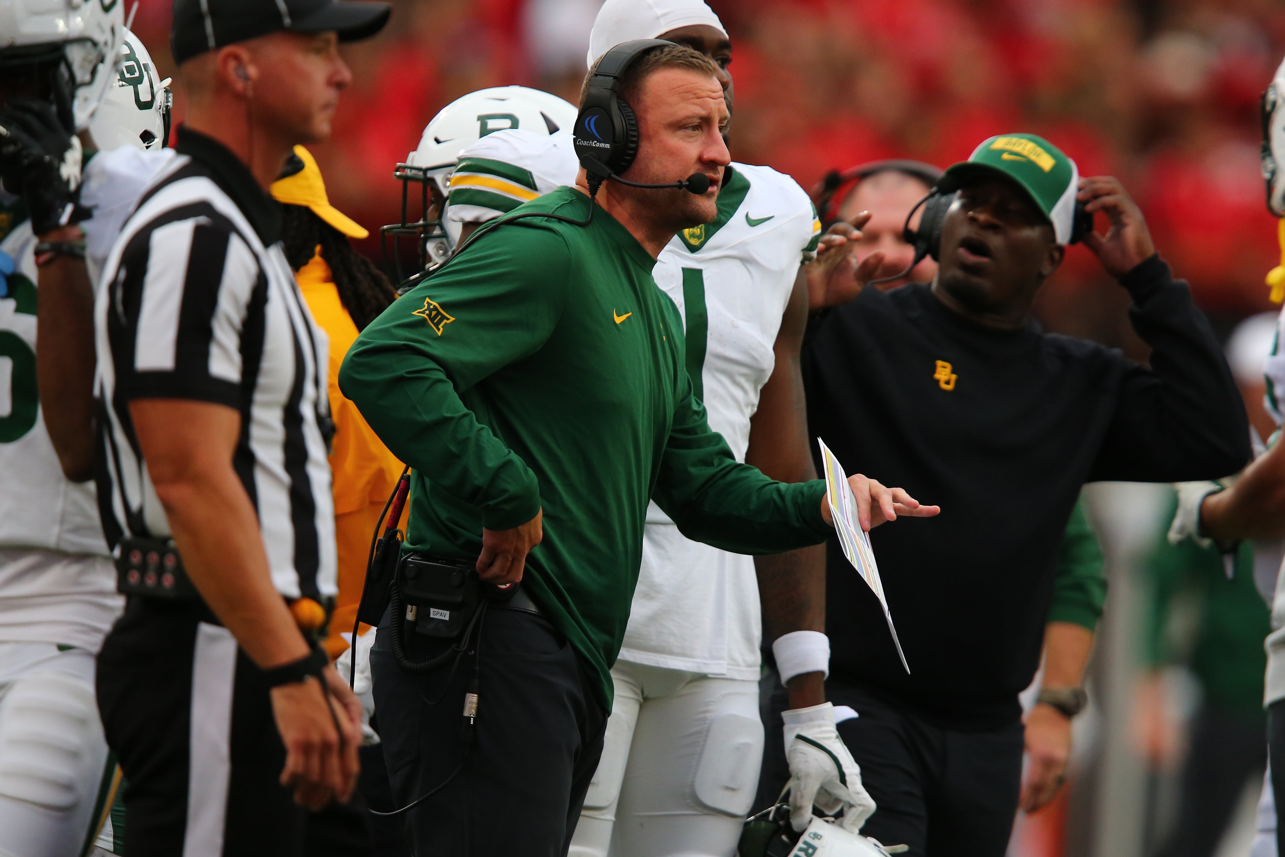 Oct 19, 2024; Lubbock, Texas, USA; Baylor Bears assistant coach Jake Spavital in the second half during the game against the Texas Tech Red Raiders at Jones AT&T Stadium and Cody Campbell Field.