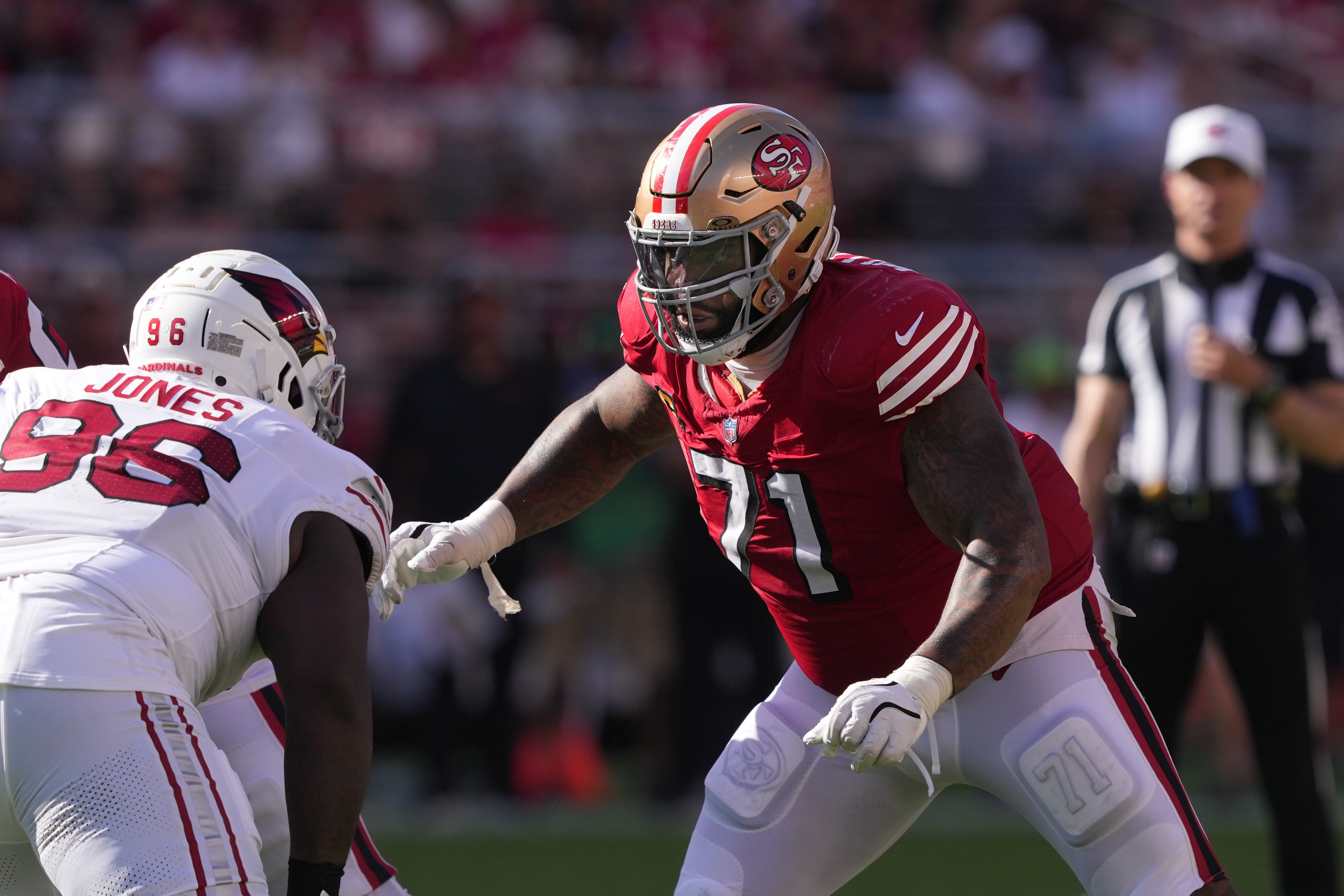 San Francisco 49ers offensive tackle Trent Williams (71) blocks Arizona Cardinals defensive tackle Naquan Jones (96) during the fourth quarter at Levi's Stadium.
