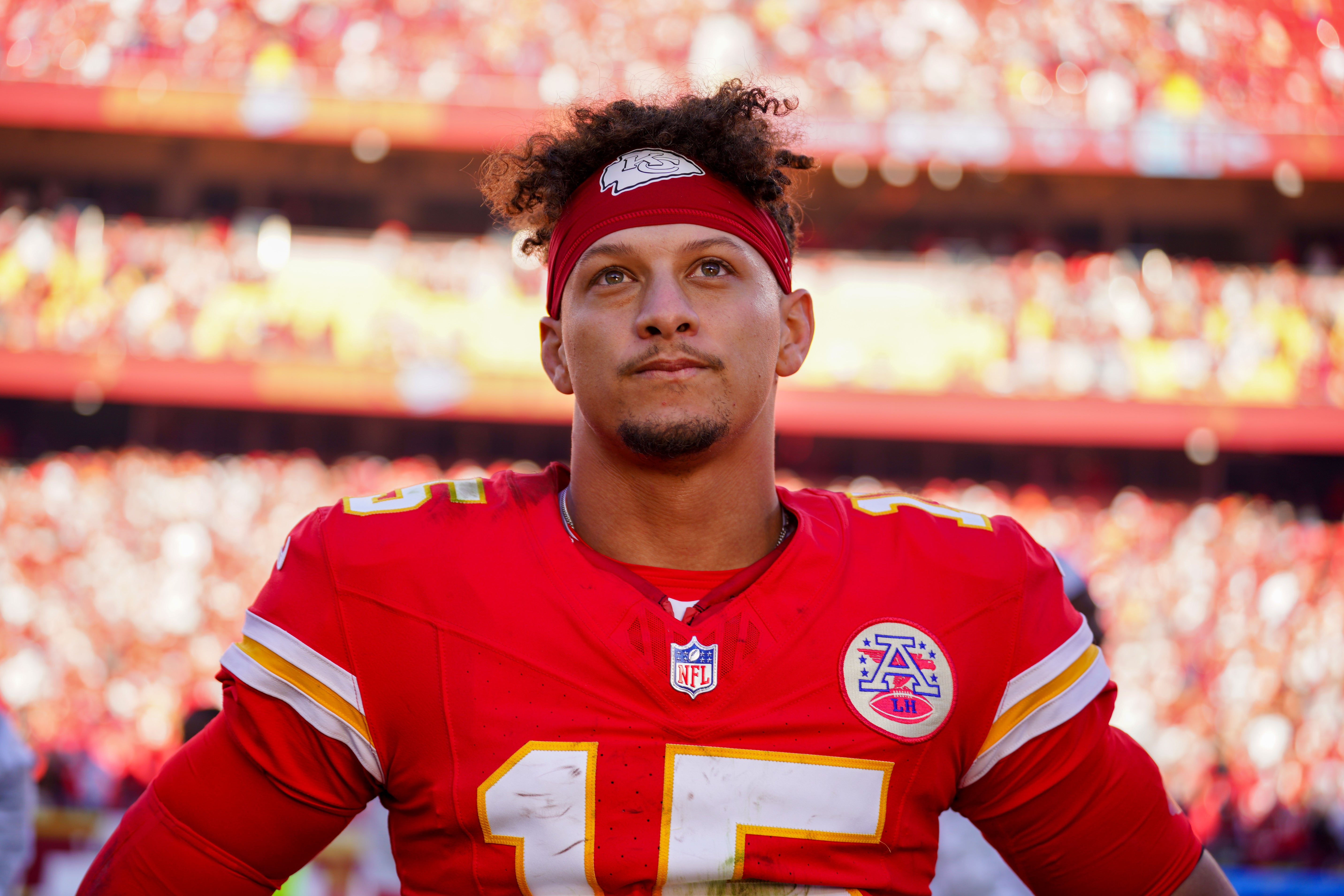 Nov 10, 2024; Kansas City, Missouri, USA; Kansas City Chiefs quarterback Patrick Mahomes (15) speaks to media after the win over the Denver Broncos at GEHA Field at Arrowhead Stadium.