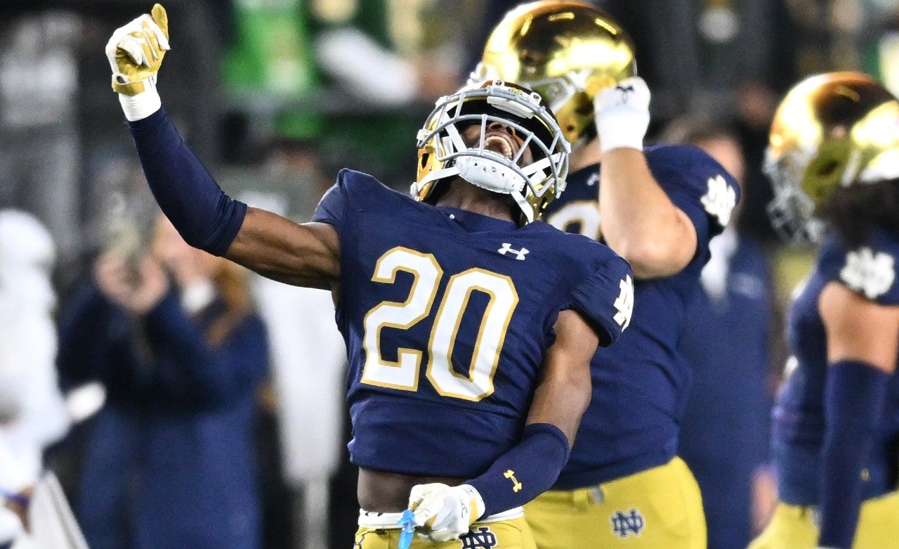 Oct 14, 2023; South Bend, Indiana, USA; Notre Dame Fighting Irish cornerback Benjamin Morrison (20) celebrates after an interception in the second quarter against the USC Trojans at Notre Dame Stadium.