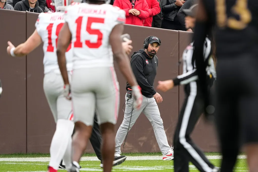Ohio State Buckeyes head coach Ryan Day calls a timeout during the first half of the NCAA football game against the Northwestern Wildcats at Wrigley Field in Chicago on Saturday, Nov. 16, 2024