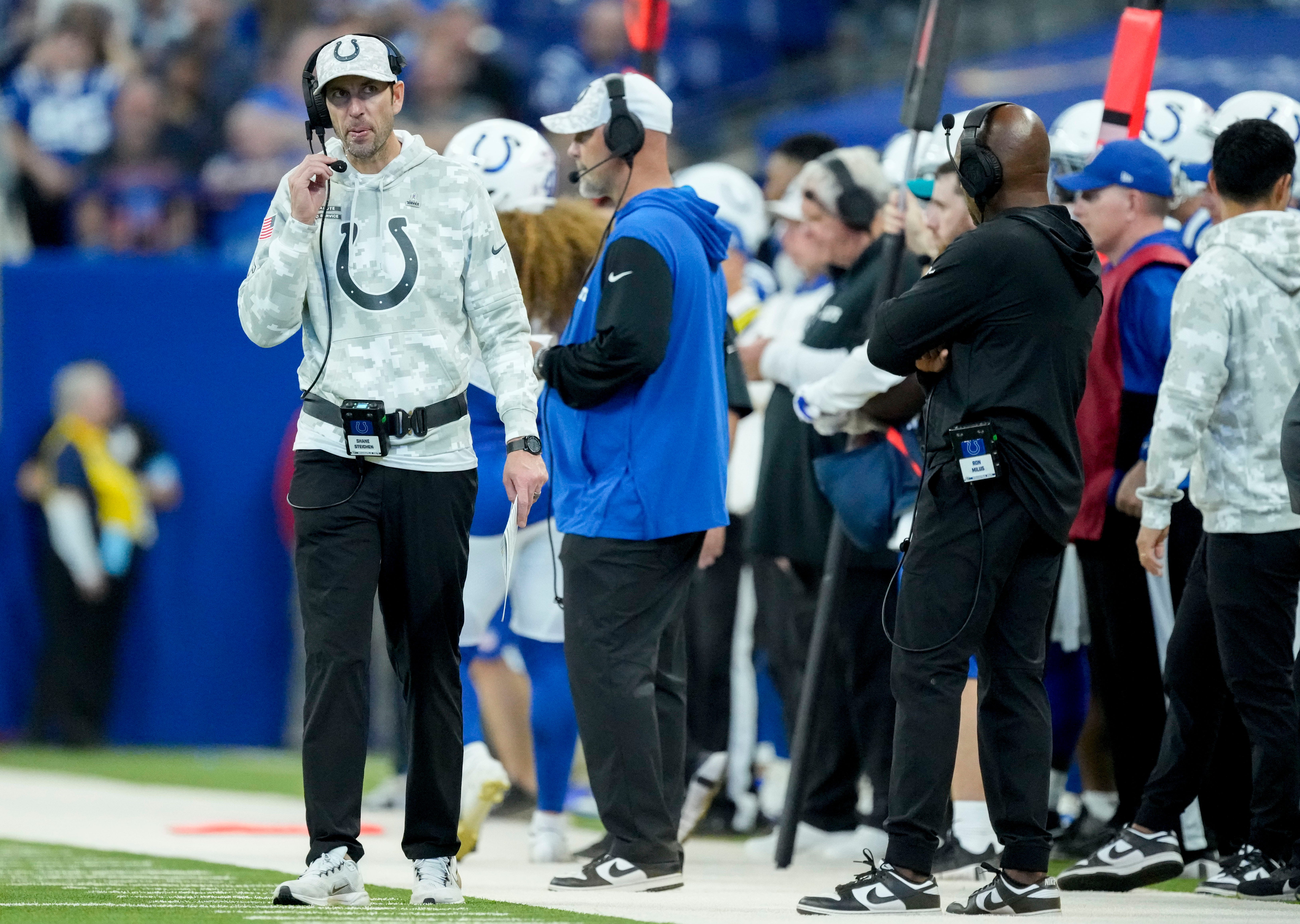 Indianapolis Colts head coach Shane Steichen watches the action on the field Sunday, Nov. 10, 2024, during a game against the Buffalo Bills at Lucas Oil Stadium in Indianapolis.