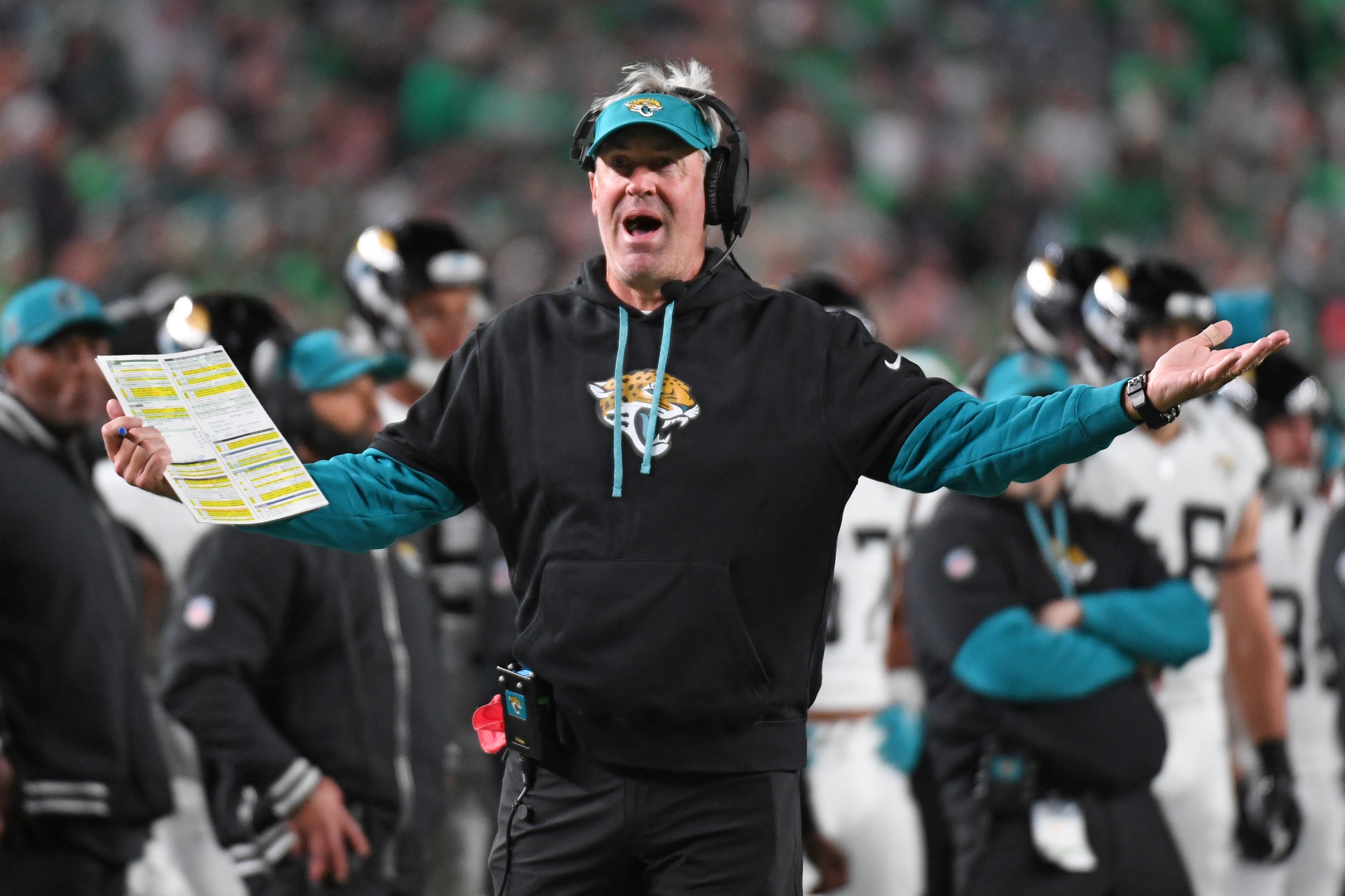 Nov 3, 2024; Philadelphia, Pennsylvania, USA; Jacksonville Jaguars head c coach Doug Pederson argues a call during the third quarter against the Philadelphia Eagles at Lincoln Financial Field.