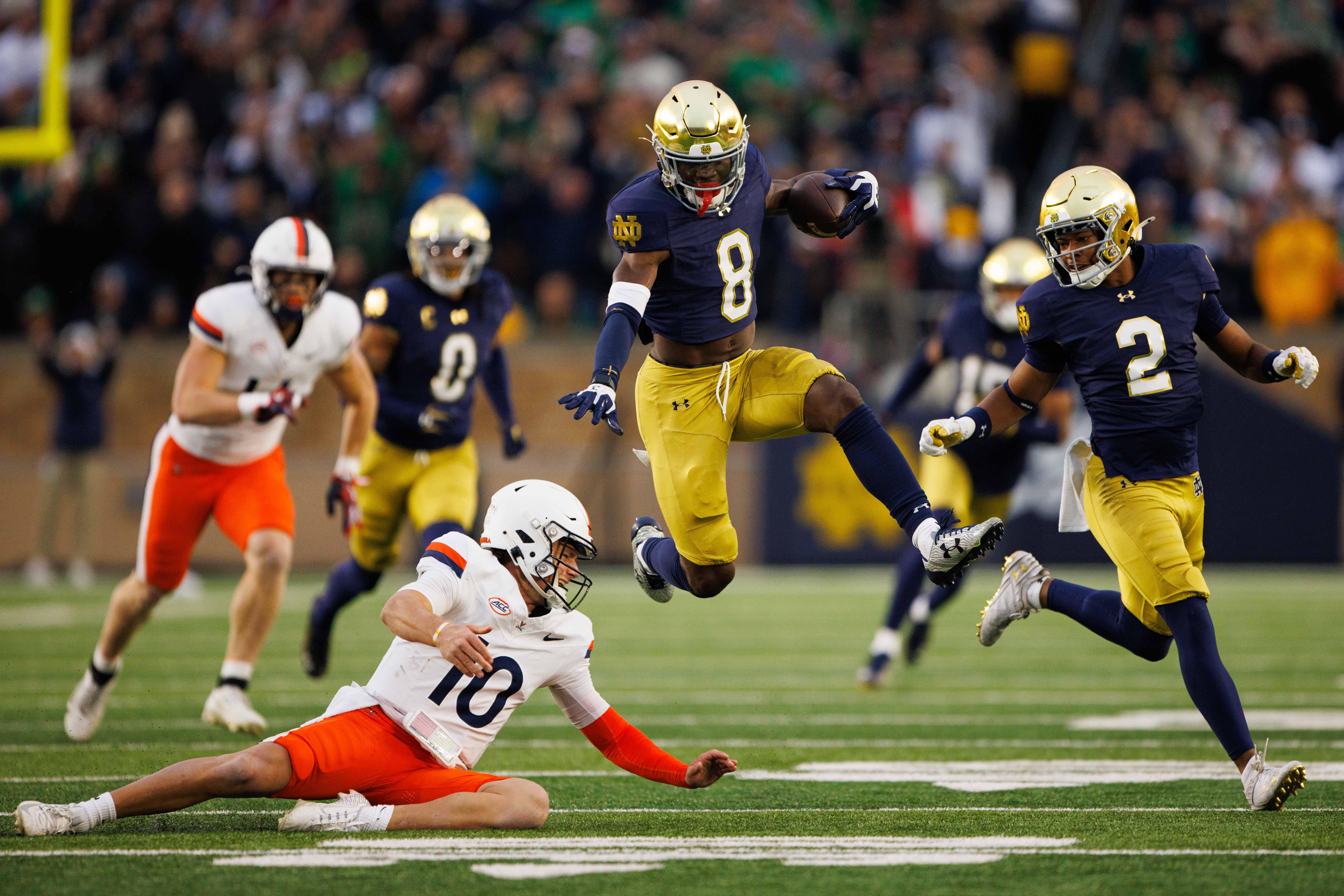 Notre Dame safety Adon Shuler (8) hurdles over Virginia quarterback Anthony Colandrea (10) after intercepting the ball during a NCAA college football game at Notre Dame Stadium on Saturday, Nov. 16, 2024, in South Bend.