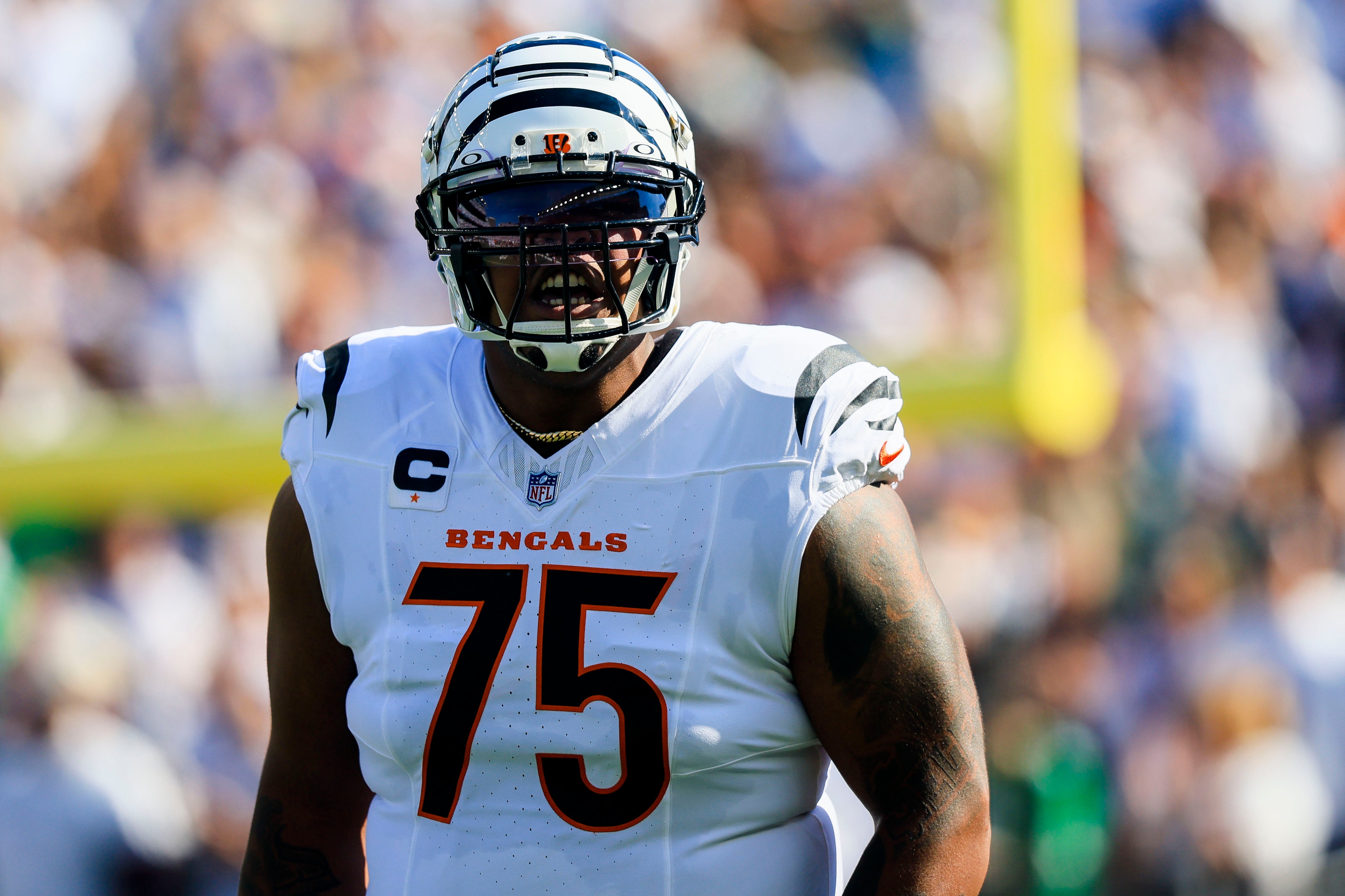 Oct 27, 2024; Cincinnati, Ohio, USA; Cincinnati Bengals offensive tackle Orlando Brown Jr. (75) runs onto the field before the game against the Philadelphia Eagles at Paycor Stadium.