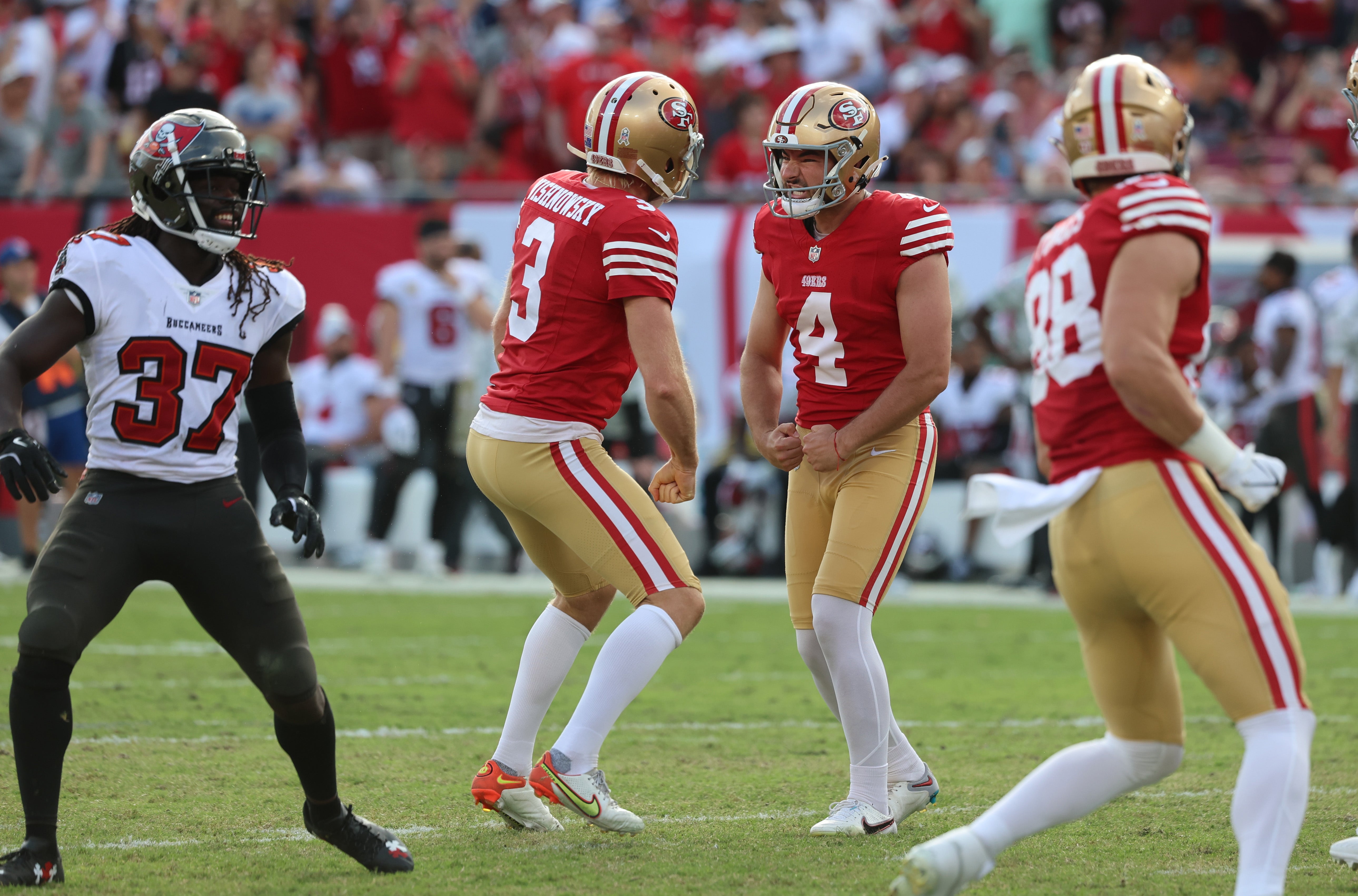 San Francisco 49ers place kicker Jake Moody (4) celebrates after he makes the game winning field goal against the Tampa Bay Buccaneers during the second half at Raymond James Stadium.