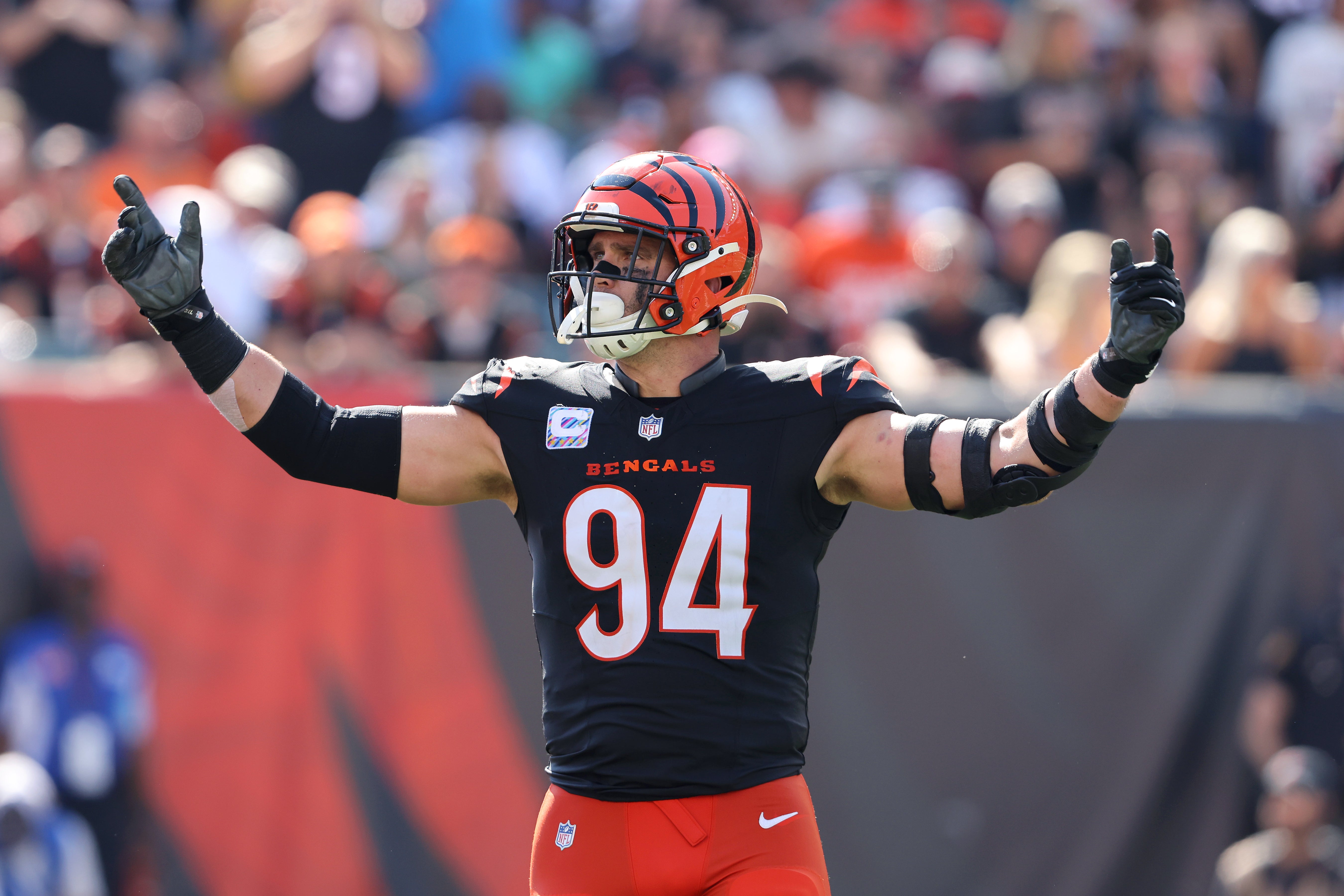 Oct 6, 2024; Cincinnati, Ohio, USA; Cincinnati Bengals defensive end Sam Hubbard (94) celebrates a safety during the first half against the Baltimore Ravens at Paycor Stadium.