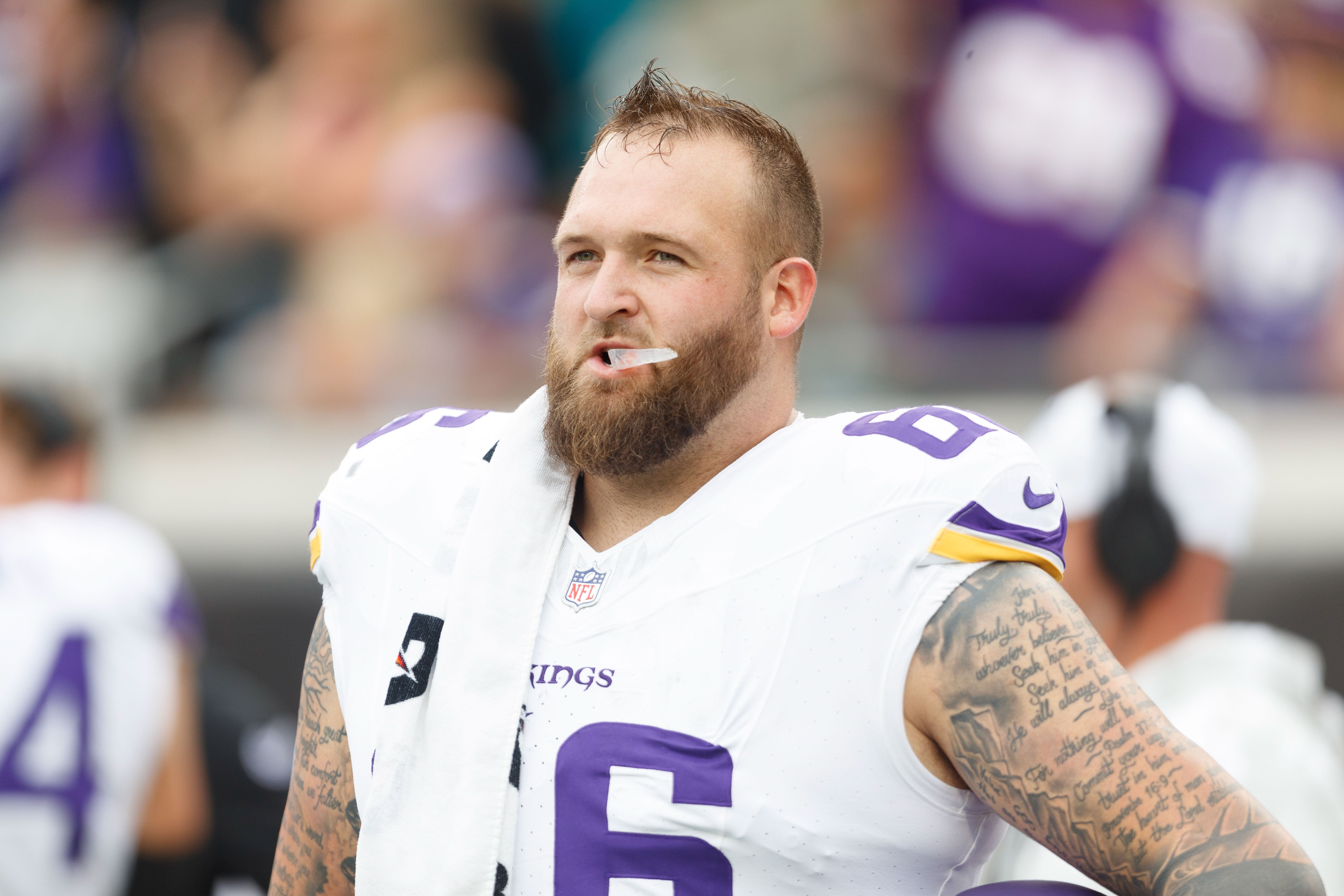 Nov 10, 2024; Jacksonville, Florida, USA; Minnesota Vikings guard Dalton Risner (66) before the game against the Jacksonville Jaguars at EverBank Stadium.