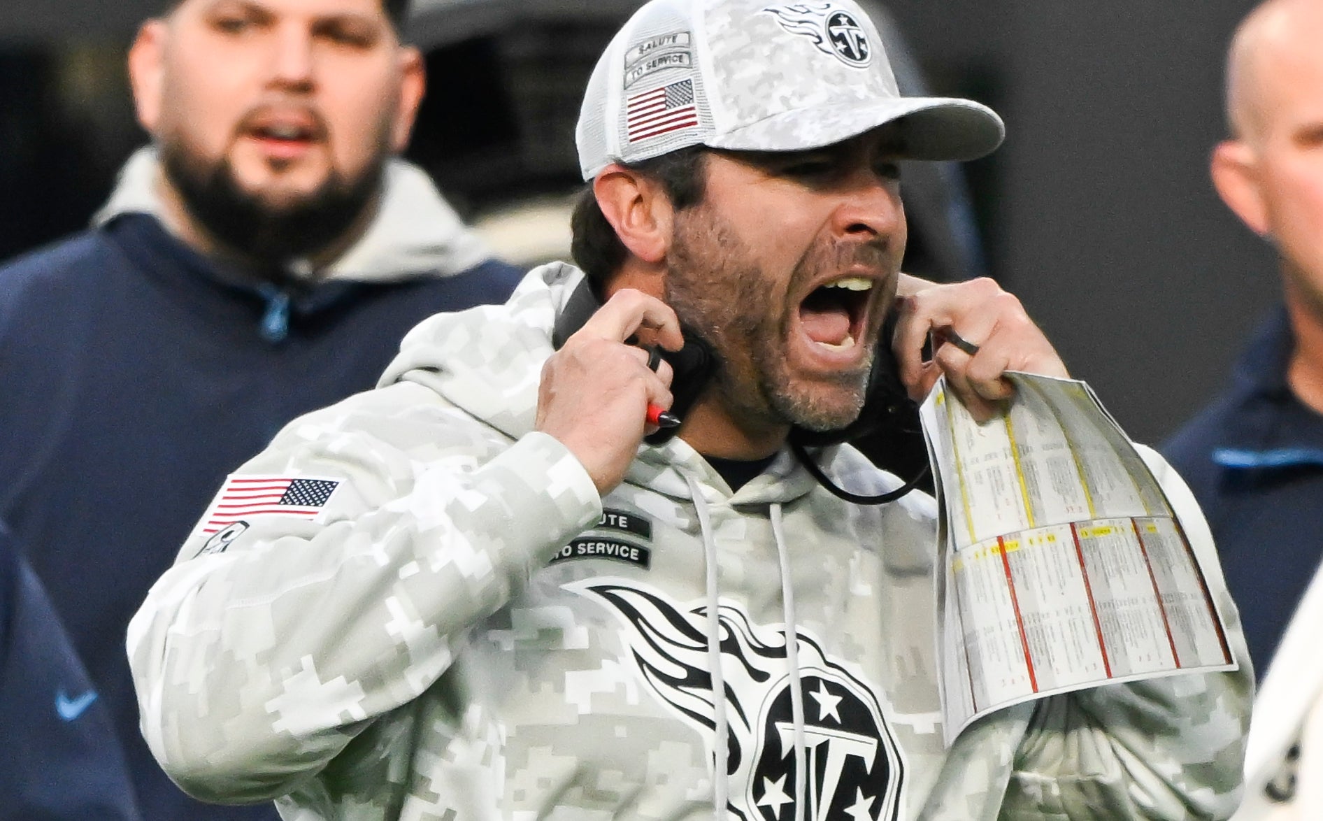 Tennessee Titans head coach Brian Callahan yells at referees over a fumble call during the second quarter at SoFi Stadium. Robert Hanashiro-Imagn Images