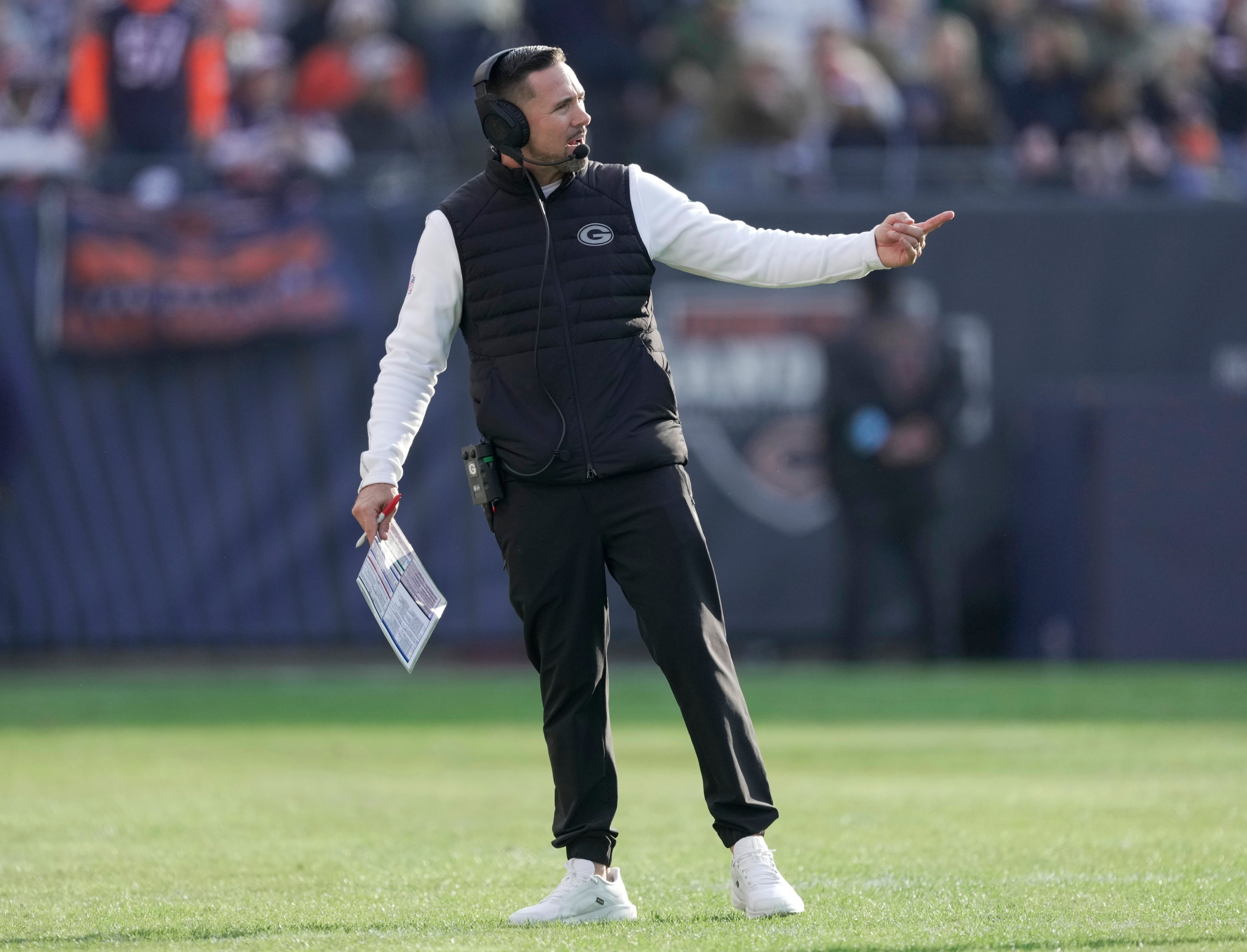 Green Bay Packers head coach Matt LaFleur is shown during the fourth quarter of their game Sunday, November 17, 2024 at Soldier Field in Chicago, Illinois. The Green Bay Packers beat the Chicago Bears 20-19