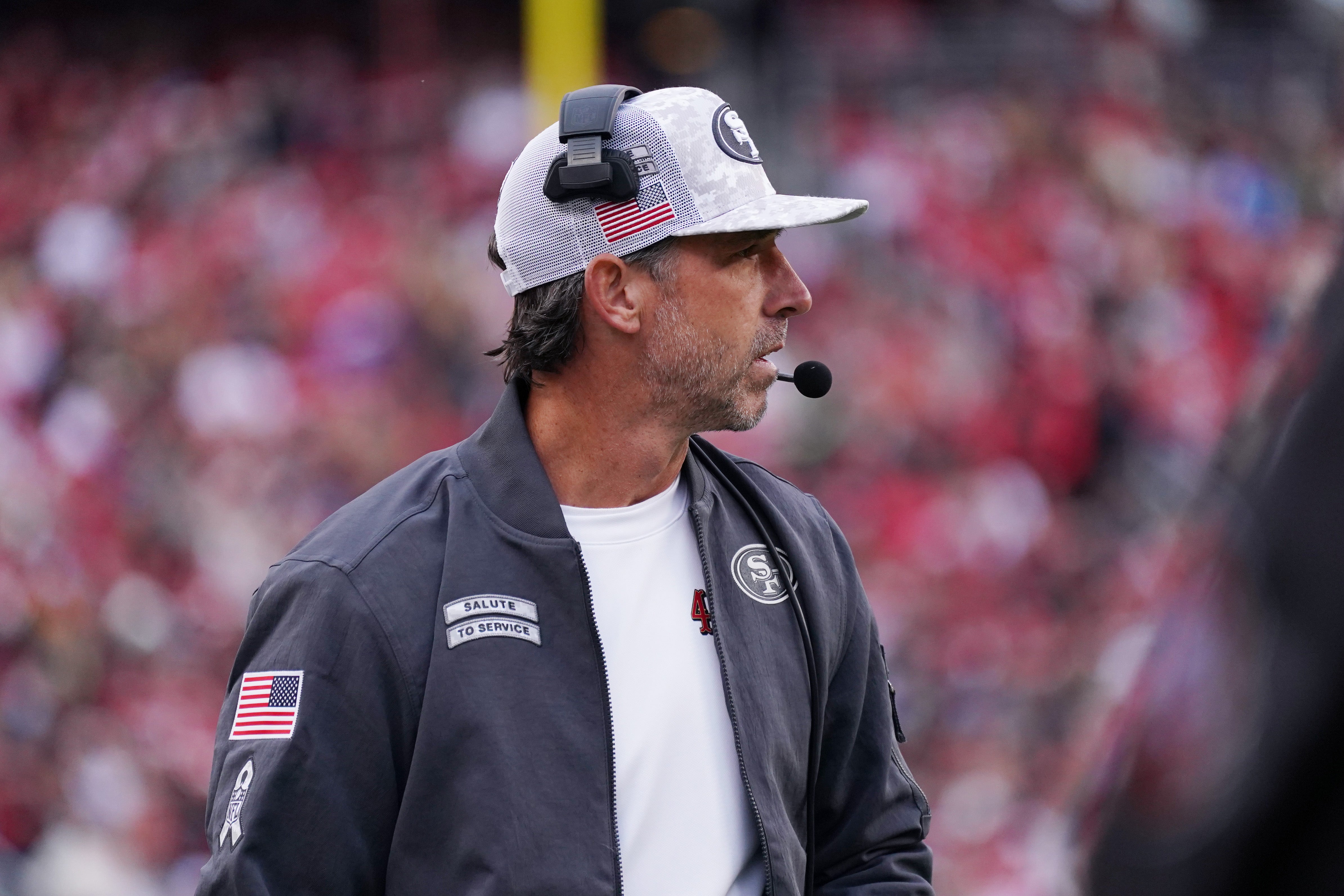 San Francisco 49ers head coach Kyle Shanahan watches the action against the Seattle Seahawks in the fourth quarter at Levi's Stadium.