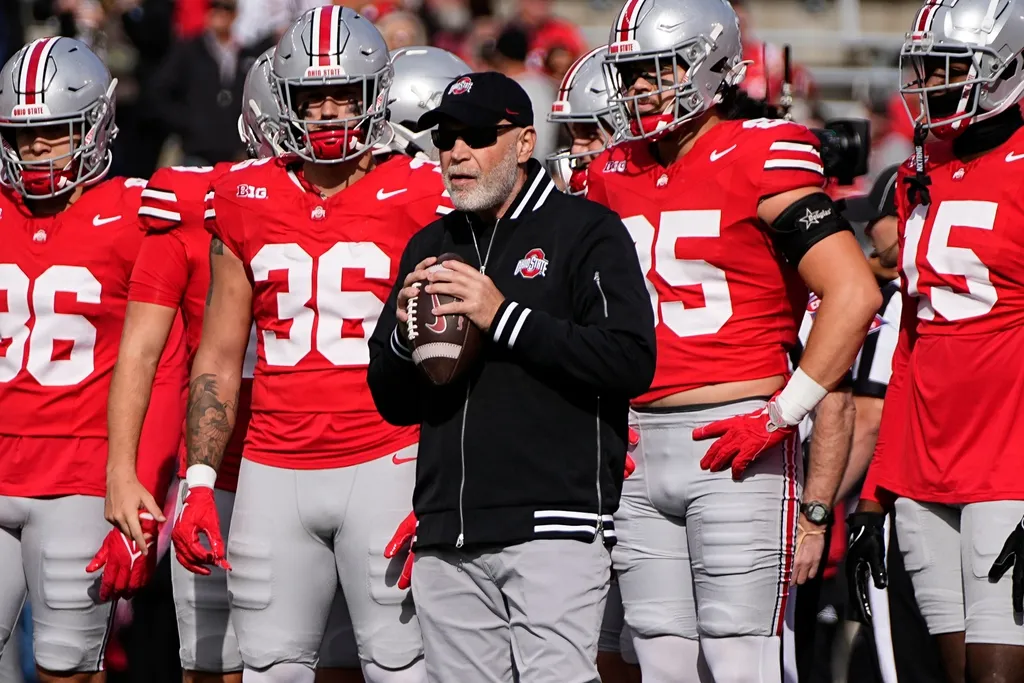 Ohio State Buckeyes defensive coordinator Jim Knowles leads warm ups prior to the NCAA football game against the Nebraska Cornhuskers at Ohio Stadium in Columbus on Saturday, Oct. 26, 2024