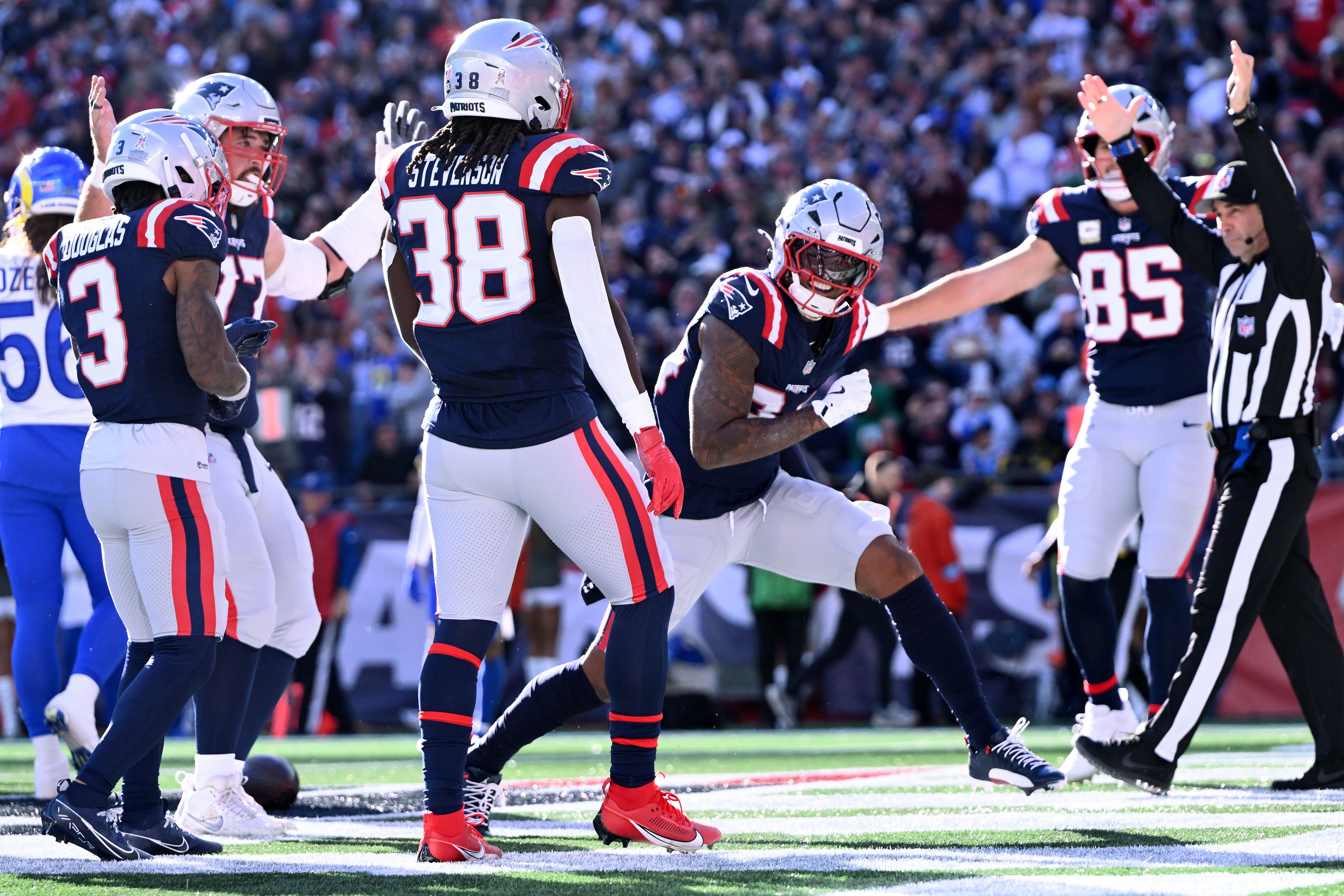 Nov 17, 2024; Foxborough, Massachusetts, USA; New England Patriots wide receiver Kendrick Bourne (84) celebrates after scoring a touchdown against the Los Angeles Rams during the first half at Gillette Stadium.