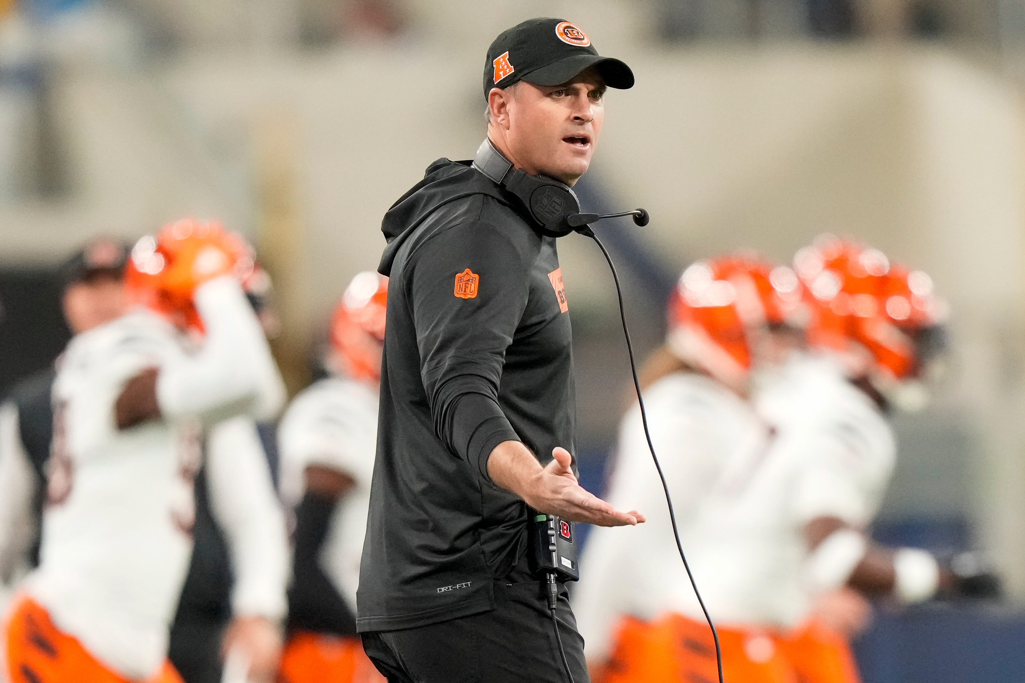 Cincinnati Bengals head coach Zac Taylor shouts to an official after a play in the first quarter of the NFL Week 11 game between the Los Angeles Chargers and the Cincinnati Bengals at SoFi Stadium in Inglewood, Calif., on Sunday, Nov. 17, 2024. The Chargers led 24-6 at halftime.