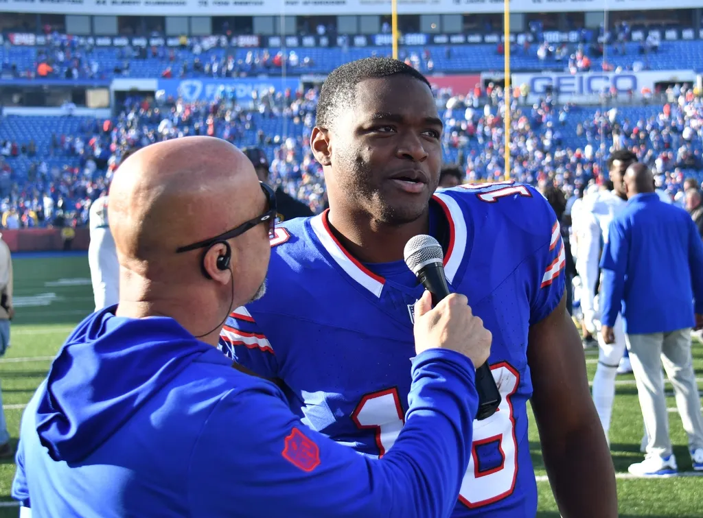 Buffalo Bills wide receiver Amari Cooper (18)is interviewed after a game Tennessee Titans at Highmark Stadium.