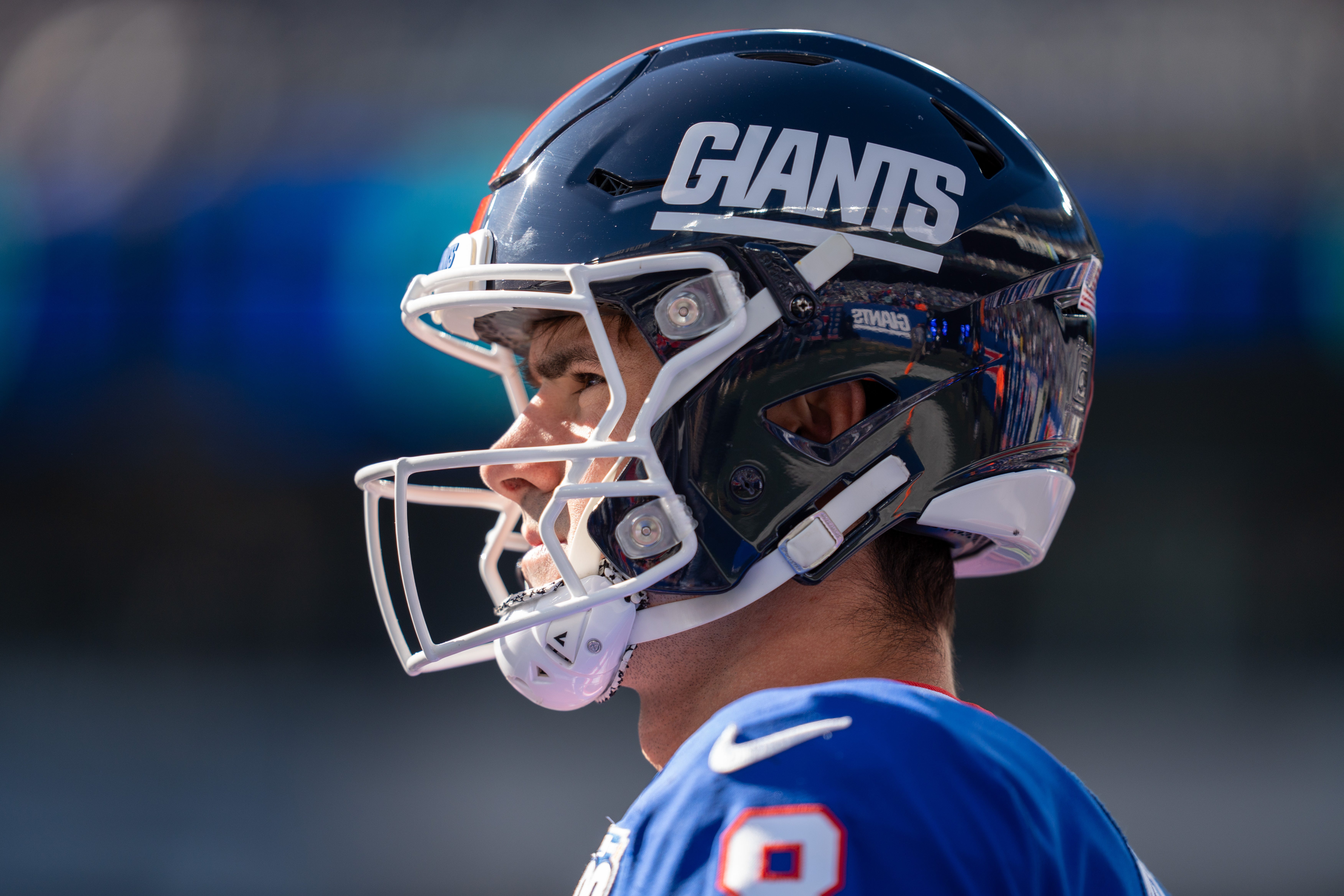 New York Giants quarterback Daniel Jones (8) warms up prior to the start of the game between the New York Giants and the Washington Commanders at MetLife Stadium in East Rutherford on Sunday, Nov. 3, 2024.