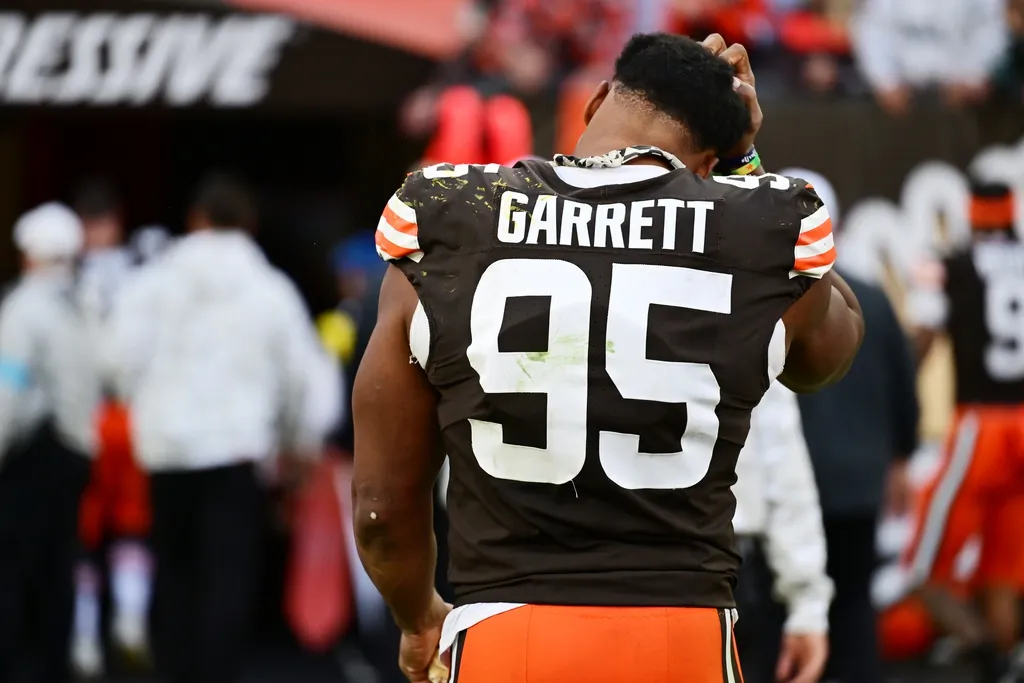 Cleveland Browns defensive end Myles Garrett (95) walks off the field after the Browns lost to the Los Angeles Chargers at Huntington Bank Field.