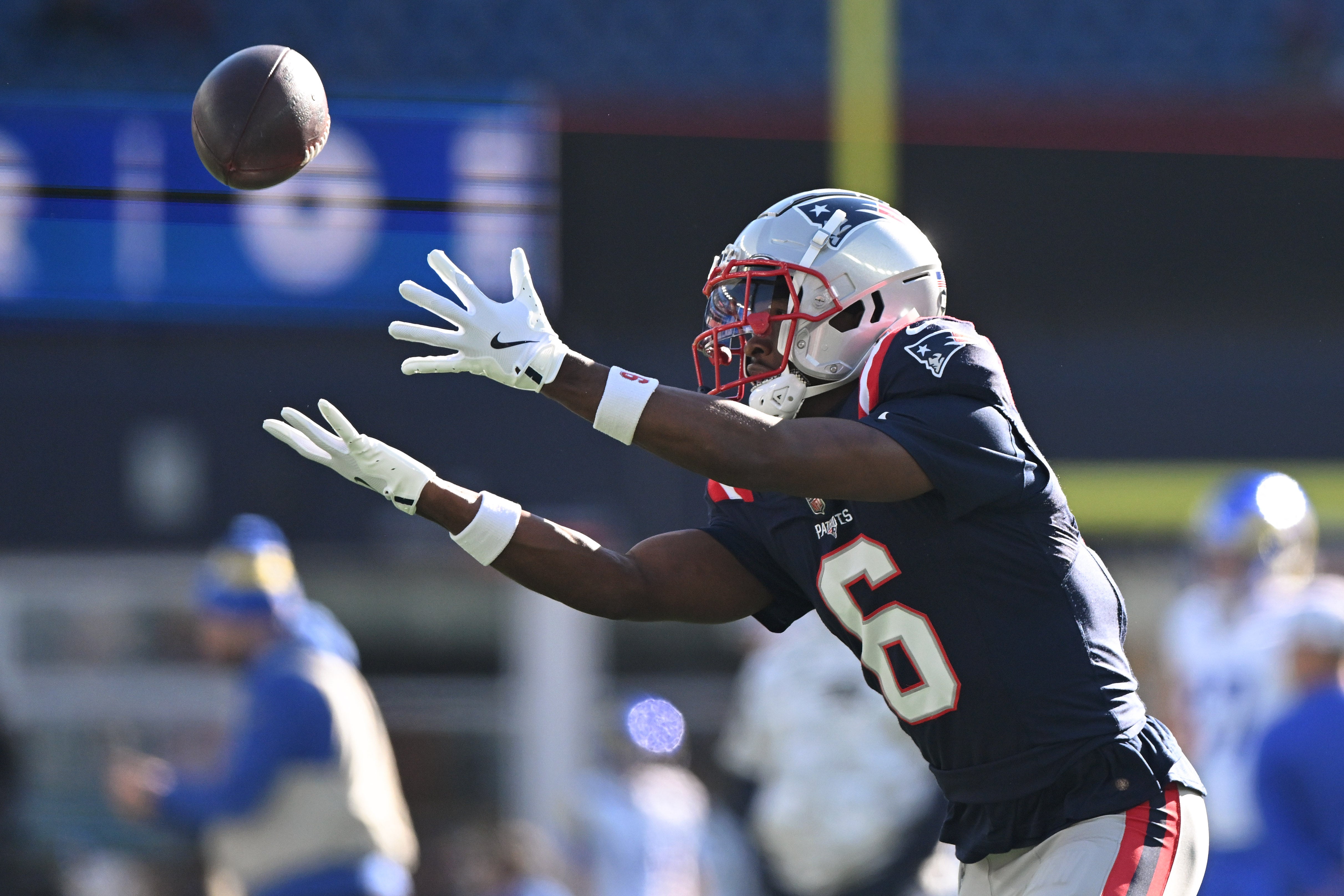 Nov 17, 2024; Foxborough, Massachusetts, USA; New England Patriots wide receiver Javon Baker (6) makes a catch before a game against the Los Angeles Rams at Gillette Stadium.