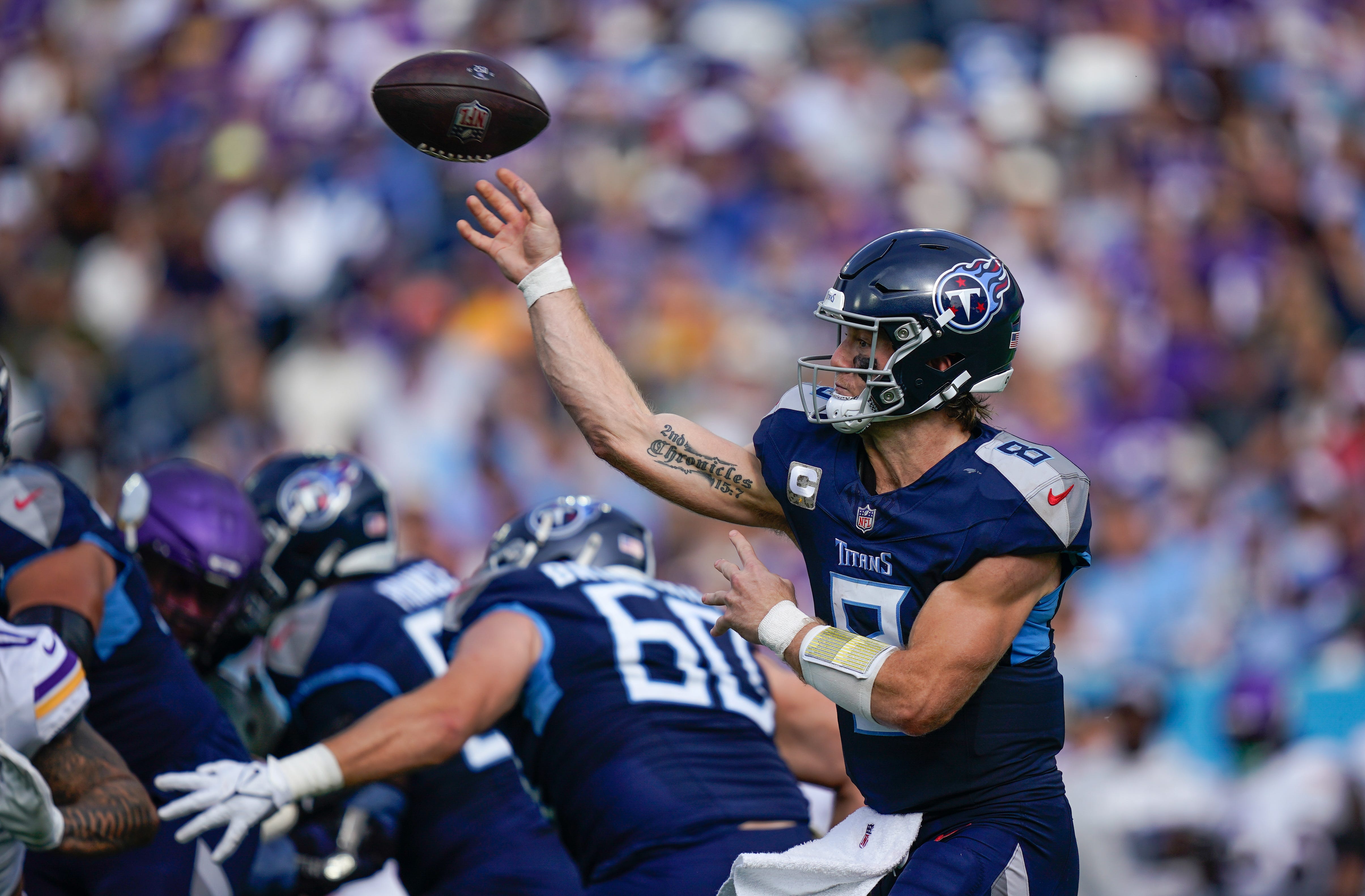 Tennessee Titans quarterback Will Levis (8) throws the ball during the second quarter against the Minnesota Vikings at Nissan Stadium in Nashville, Tenn., Sunday, Nov. 17, 2024 Denny Simmons / The Tennessean-USA TODAY NETWORK via Imagn Images
