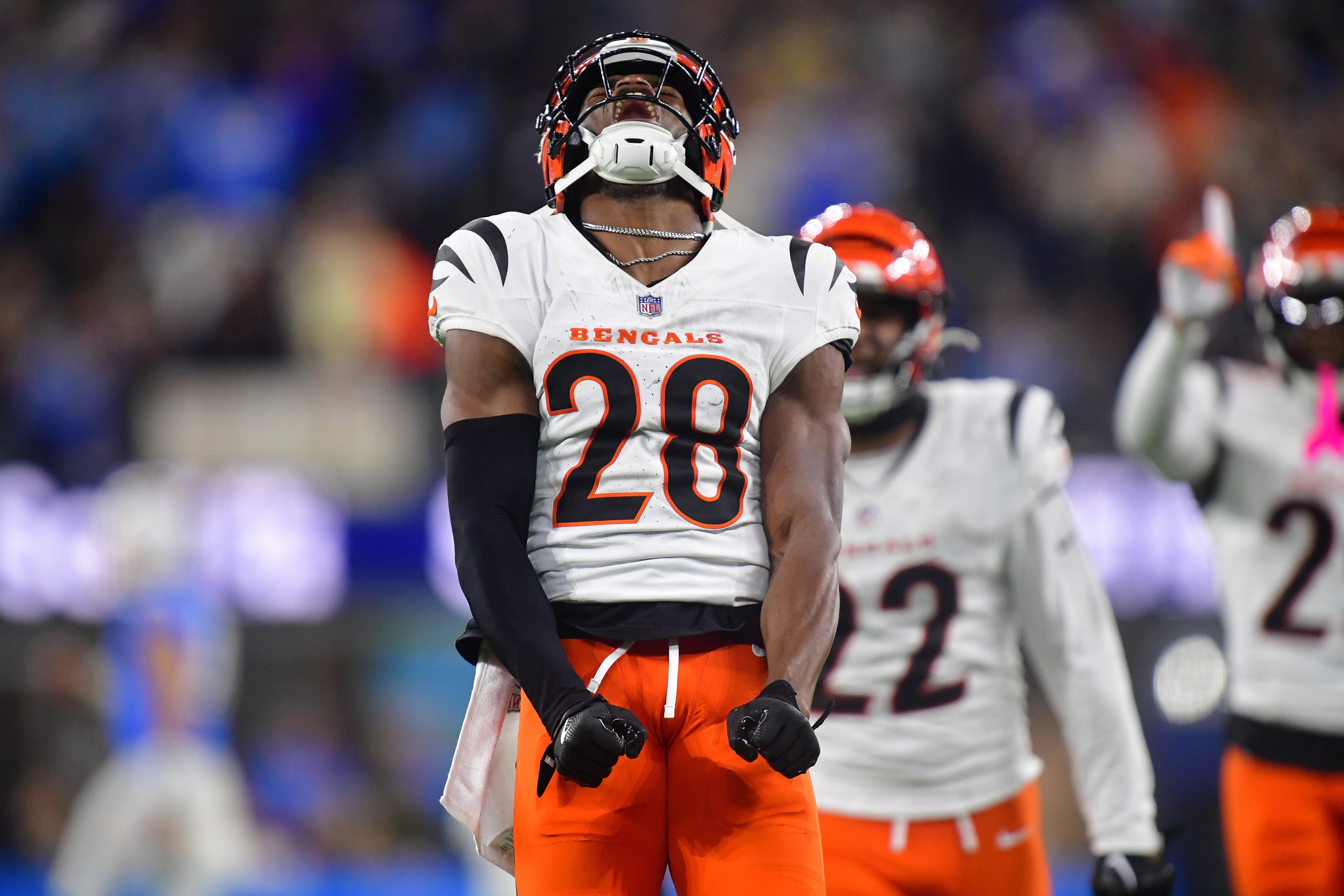 Nov 17, 2024; Inglewood, California, USA; Cincinnati Bengals cornerback Josh Newton (28) reacts after breaking up a pass intended for Los Angeles Chargers wide receiver Joshua Palmer (5) during the second half at SoFi Stadium.