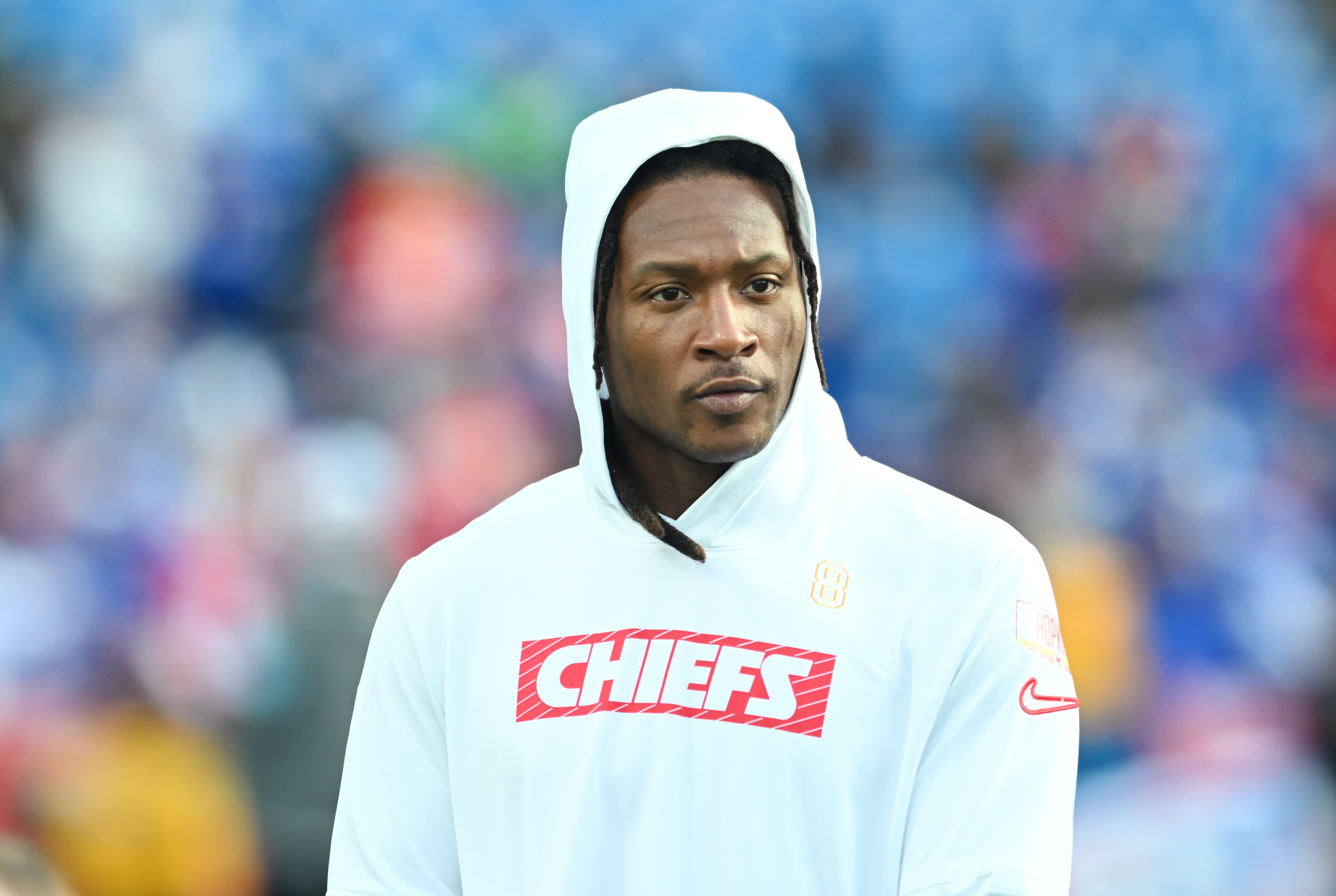 Nov 17, 2024; Orchard Park, New York, USA; Kansas City Chiefs wide receiver DeAndre Hopkins (8) warms up before a game against the Buffalo Bills at Highmark Stadium.