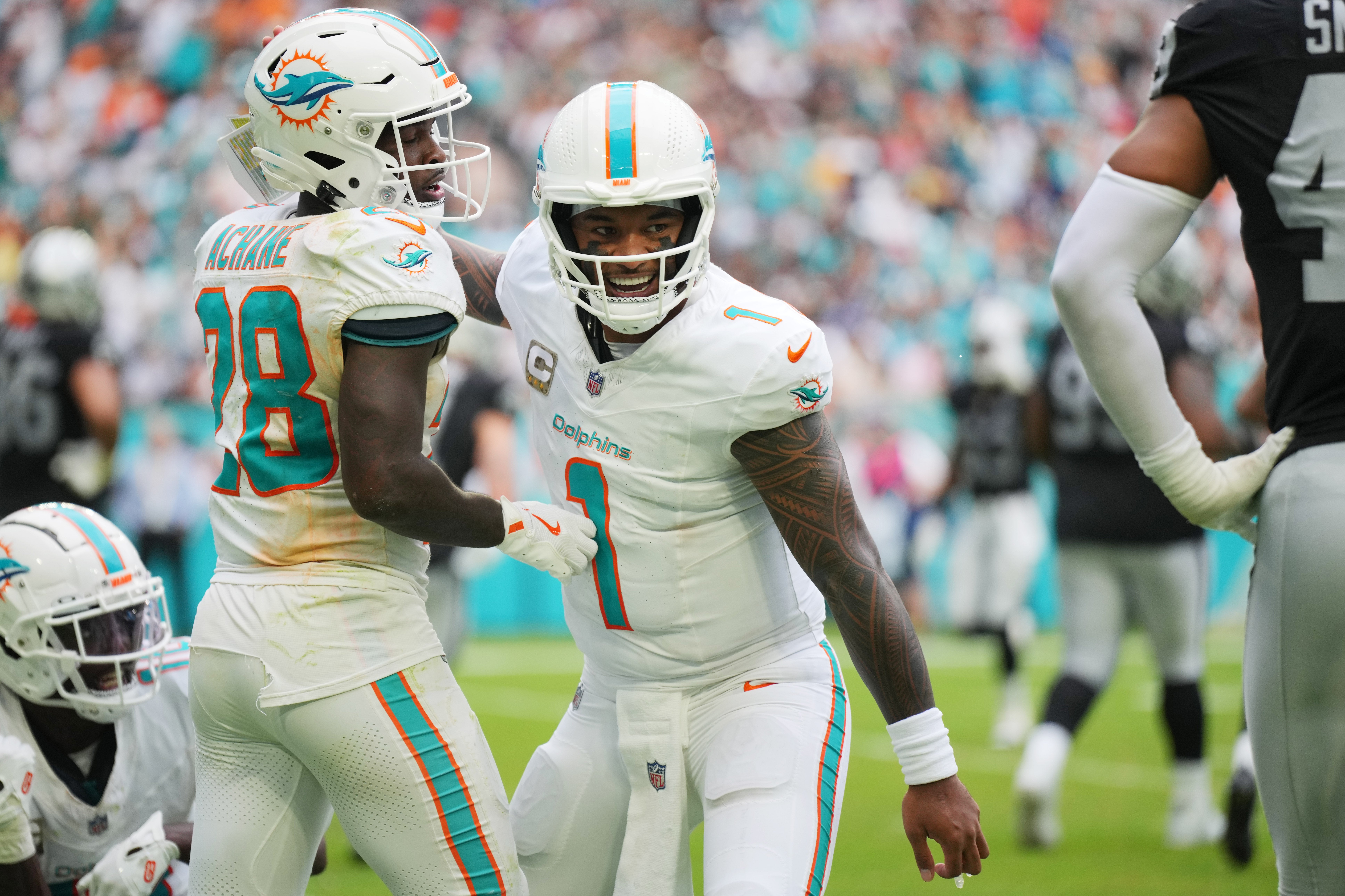 Nov 17, 2024; Miami Gardens, Florida, USA; Miami Dolphins quarterback Tua Tagovailoa (1) celebrates a touchdown by running back De'Von Achane (28) against the Las Vegas Raiders in the fourth quarter at Hard Rock Stadium.