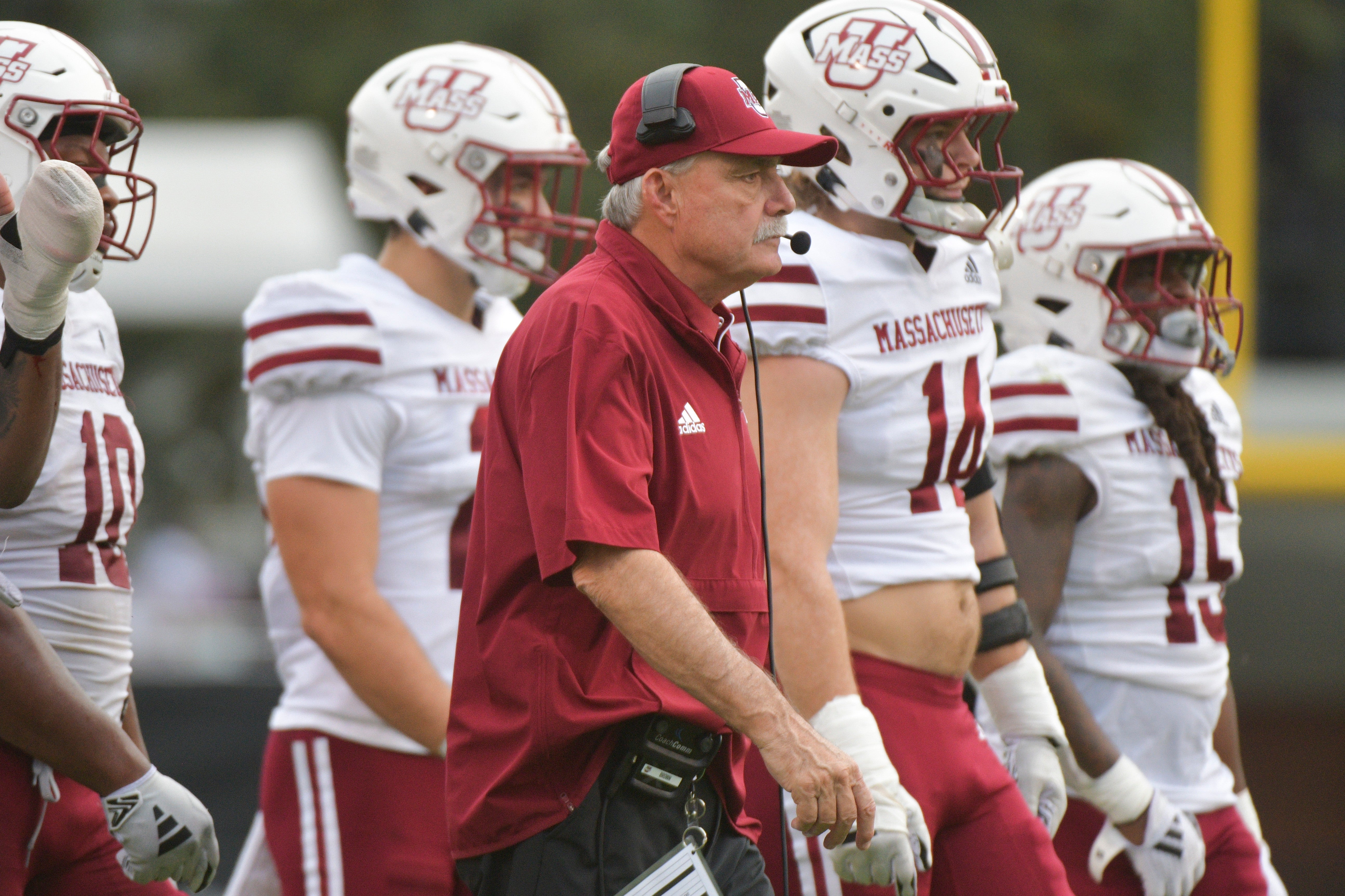 Nov 2, 2024; Starkville, Mississippi, USA; Massachusetts Minutemen head coach Don Brown walks onto the field between plays during the second quarter against the Mississippi State Bulldogs at Davis Wade Stadium at Scott Field.