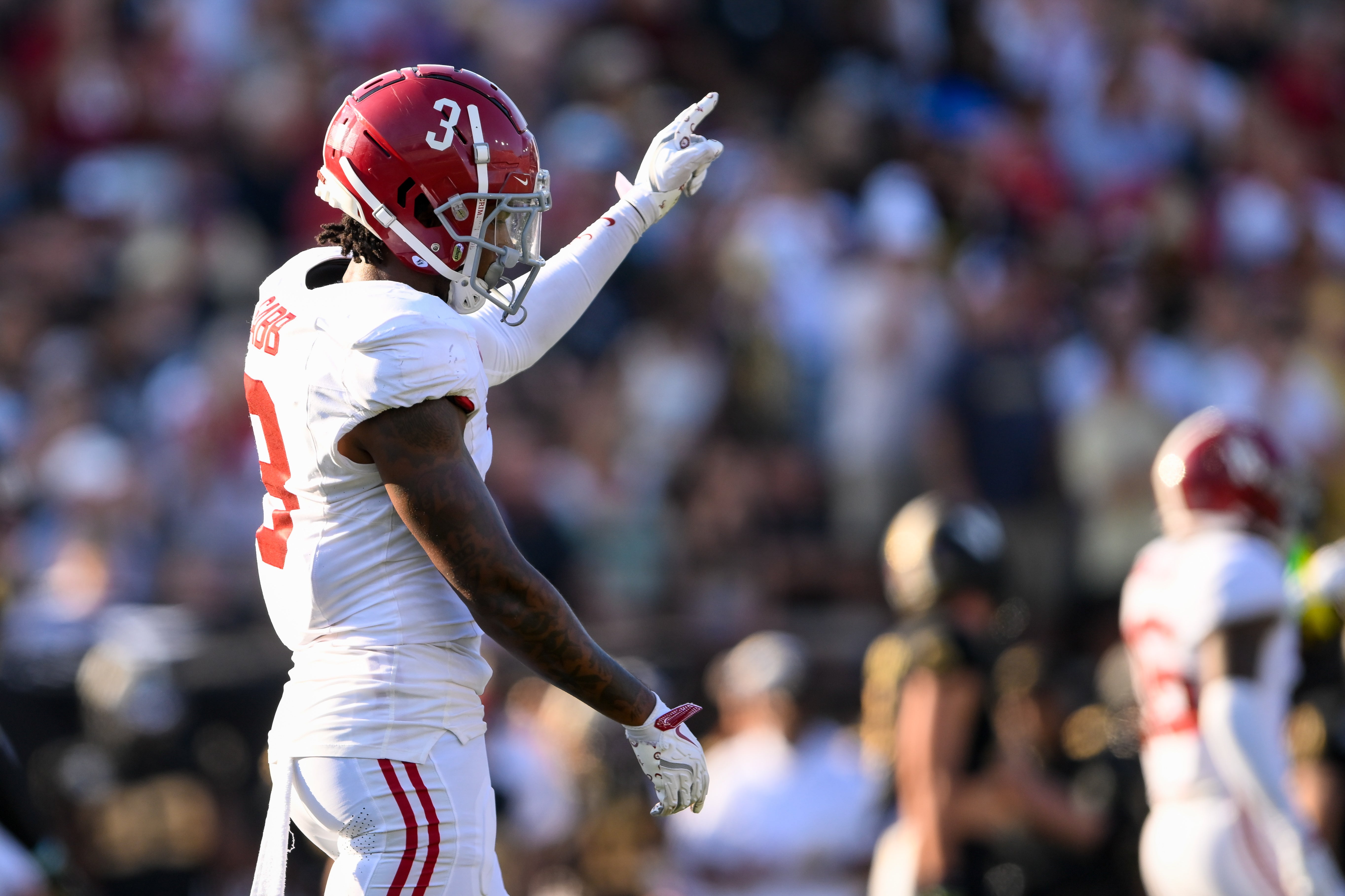 Oct 5, 2024; Nashville, Tennessee, USA; Alabama Crimson Tide defensive back Keon Sabb (3) points after Vanderbilt Commodores comes up short on 3rd down during the first half at FirstBank Stadium.
