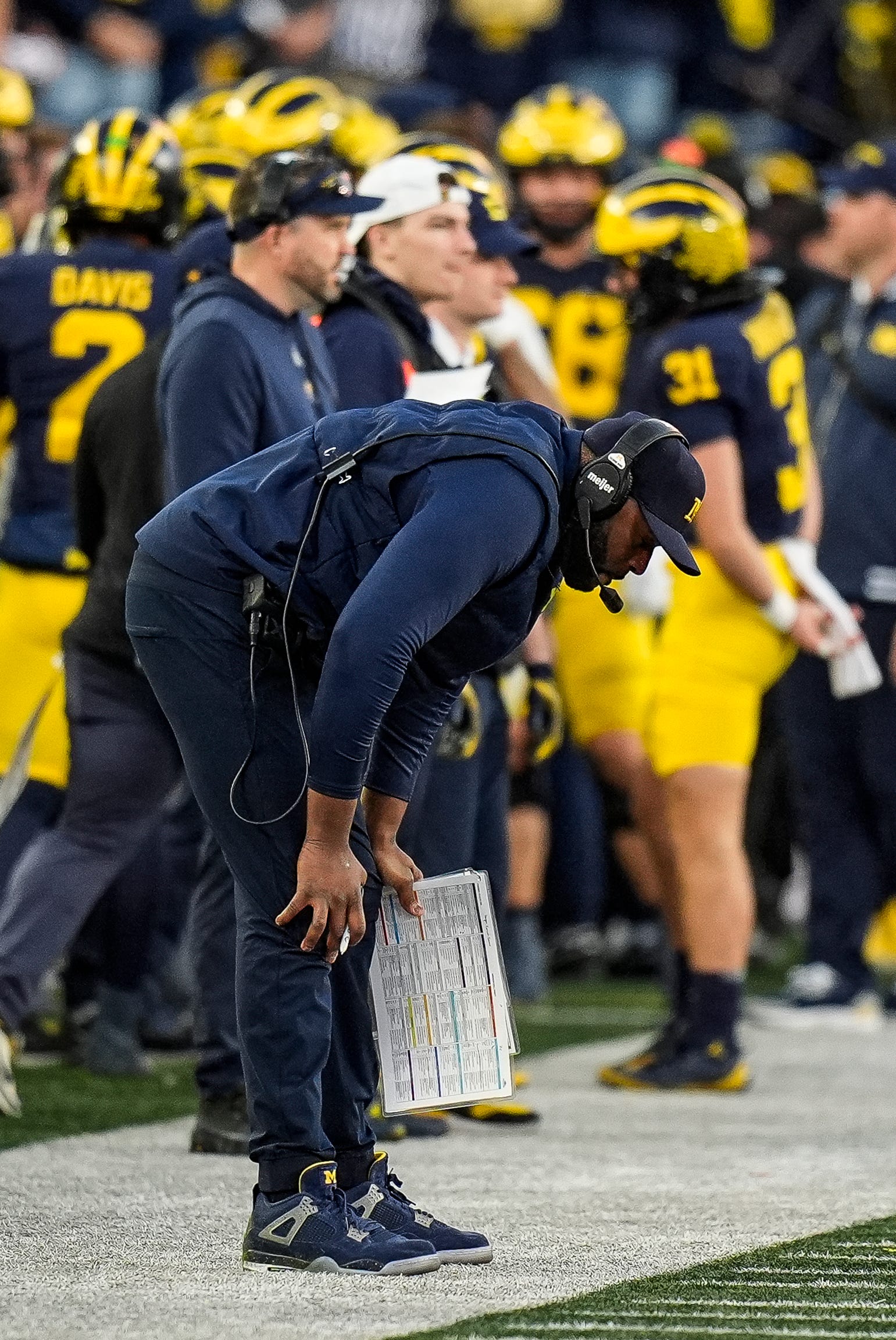 Michigan head coach Sherrone Moore takes the moment on the sideline after Oregon scored a field goal against Michigan during the second half at Michigan Stadium in Ann Arbor on Saturday, Nov. 2, 2024.
