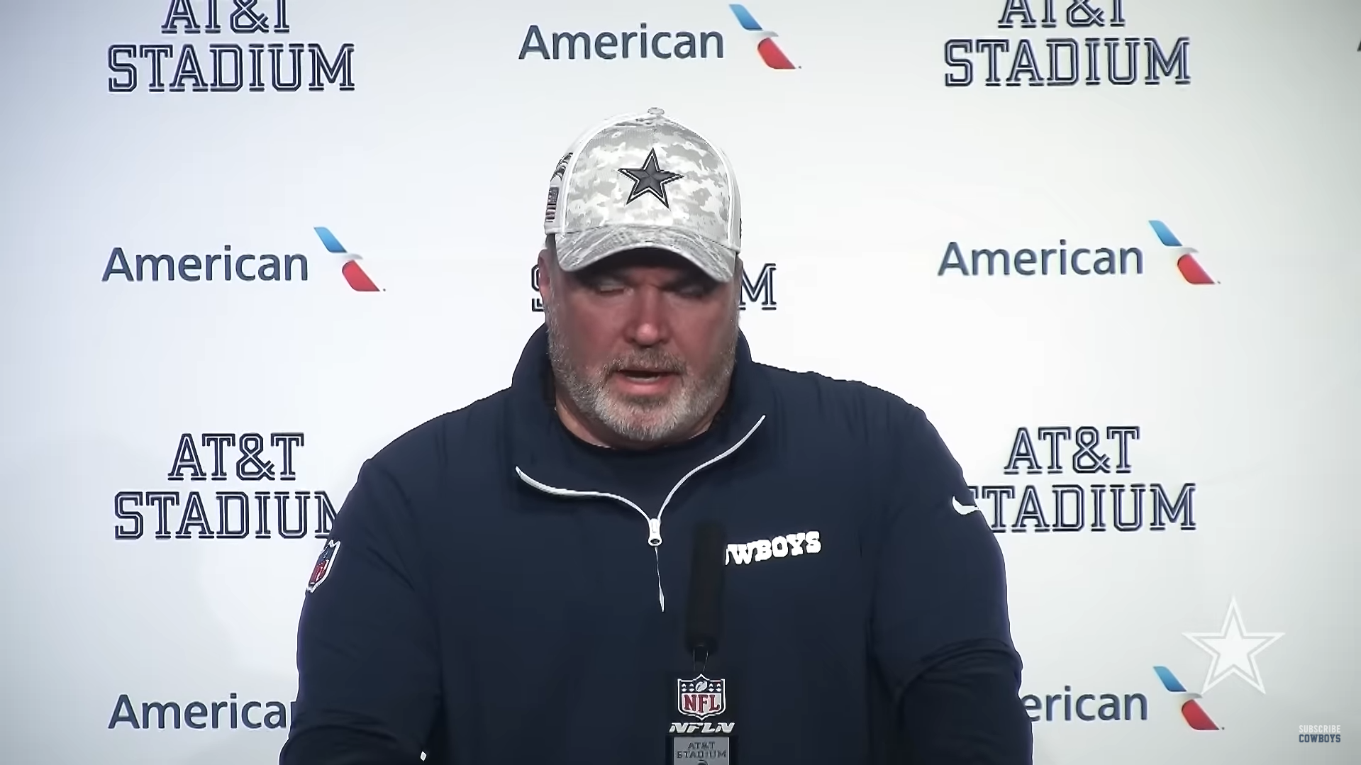 Dallas Cowboys HC Mike McCarthy talking to reporters postgame.