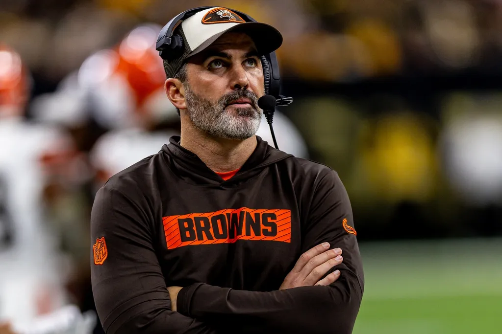 Cleveland Browns head coach Kevin Stefanski looks on against the New Orleans Saints during the first half at Caesars Superdome.