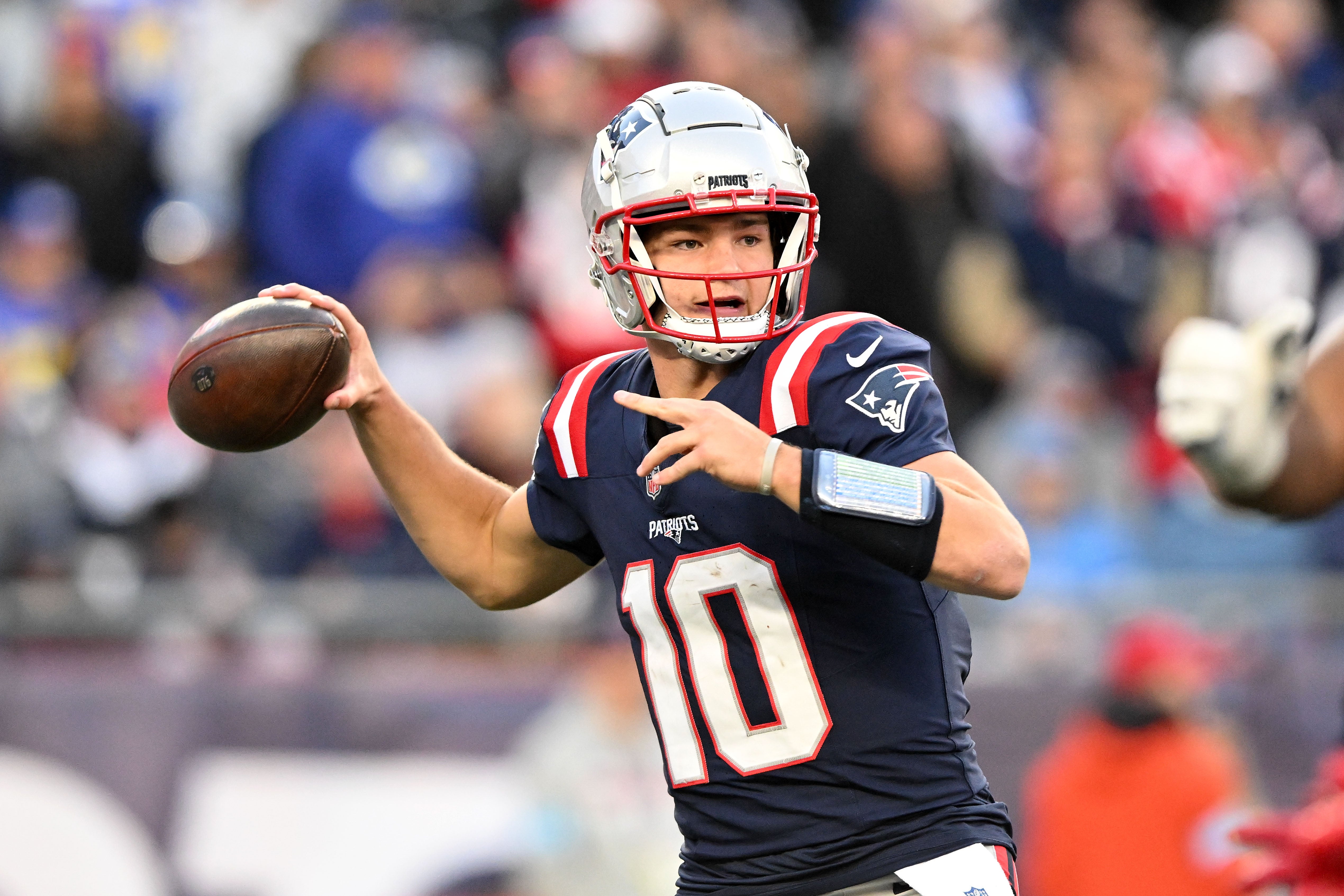Nov 17, 2024; Foxborough, Massachusetts, USA; New England Patriots quarterback Drake Maye (10) throws the ball against the Los Angeles Rams during the second half at Gillette Stadium.